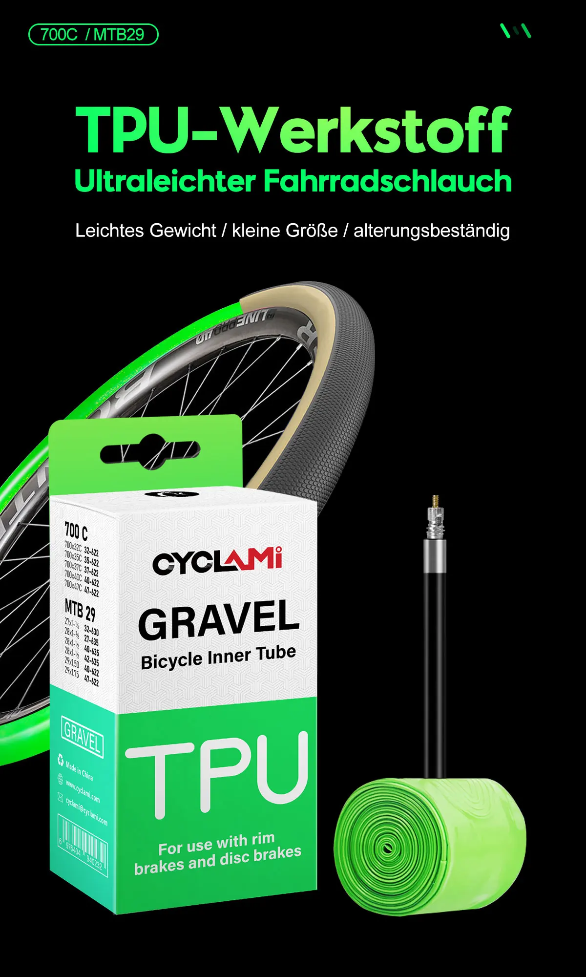 2 pcs CYCLAMI Ultralight Gravel Bike TPU Inner Tube Tire Road MTB 29 French Valve FV 45mm 65mm For 700C 32C 35C 37C 40C 47C