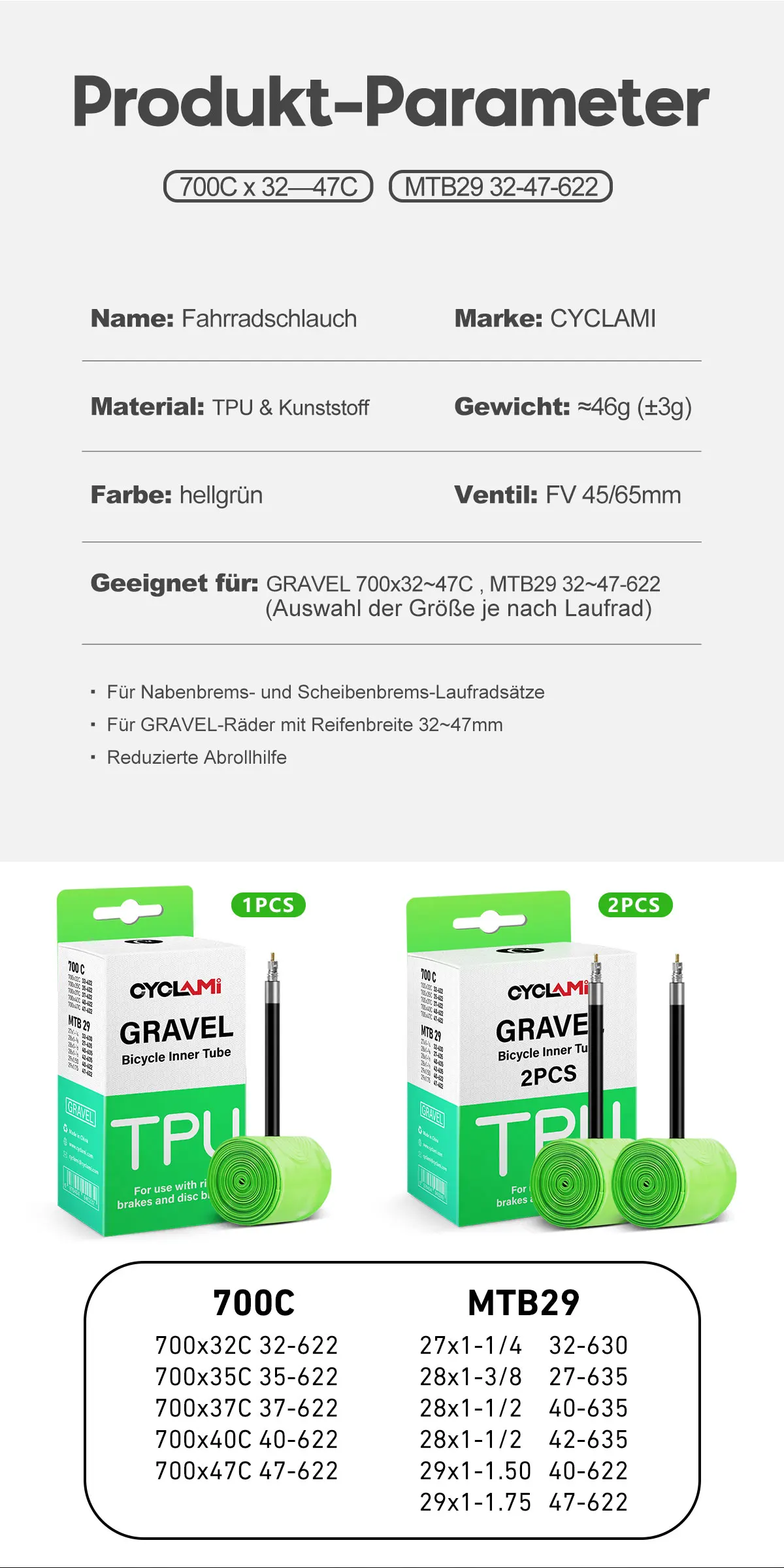 2 pcs CYCLAMI Ultralight Gravel Bike TPU Inner Tube Tire Road MTB 29 French Valve FV 45mm 65mm For 700C 32C 35C 37C 40C 47C