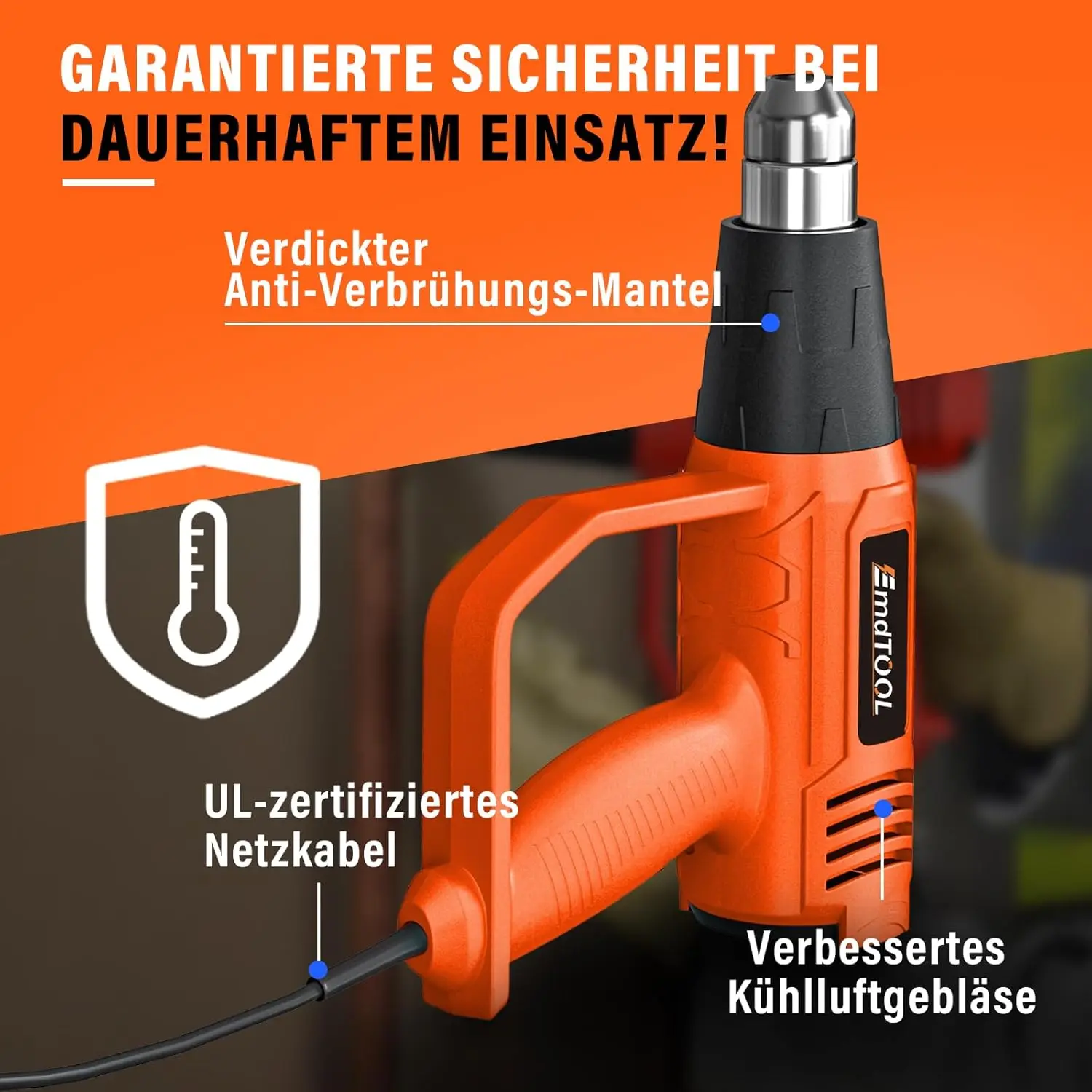 BRIEFNESS Hot Air Gun Fast Heating Paint Removal PVC Reduction 2000W Variable Temperature 60°C - 600°C 2 Air Speeds 4 Nozzles