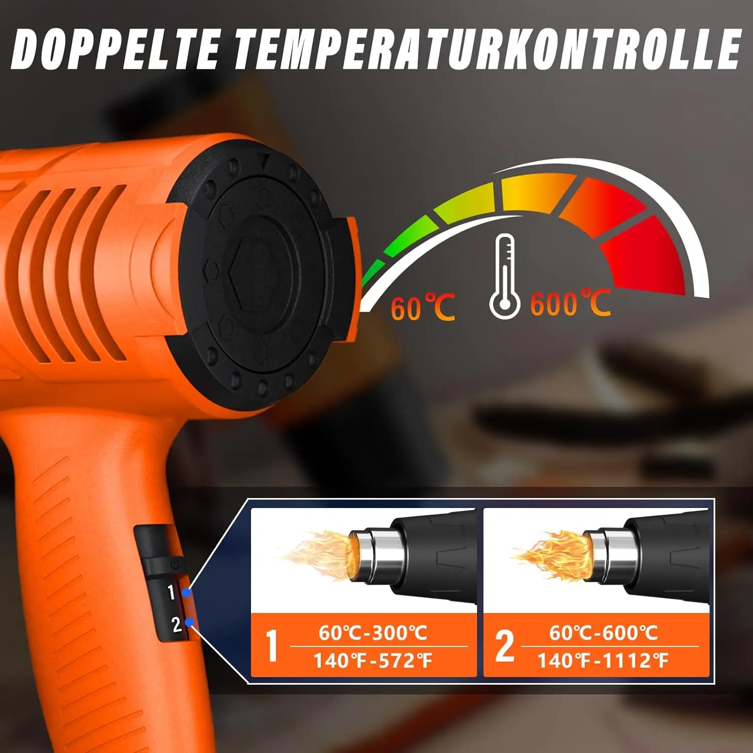 BRIEFNESS Hot Air Gun Fast Heating Paint Removal PVC Reduction 2000W Variable Temperature 60°C - 600°C 2 Air Speeds 4 Nozzles