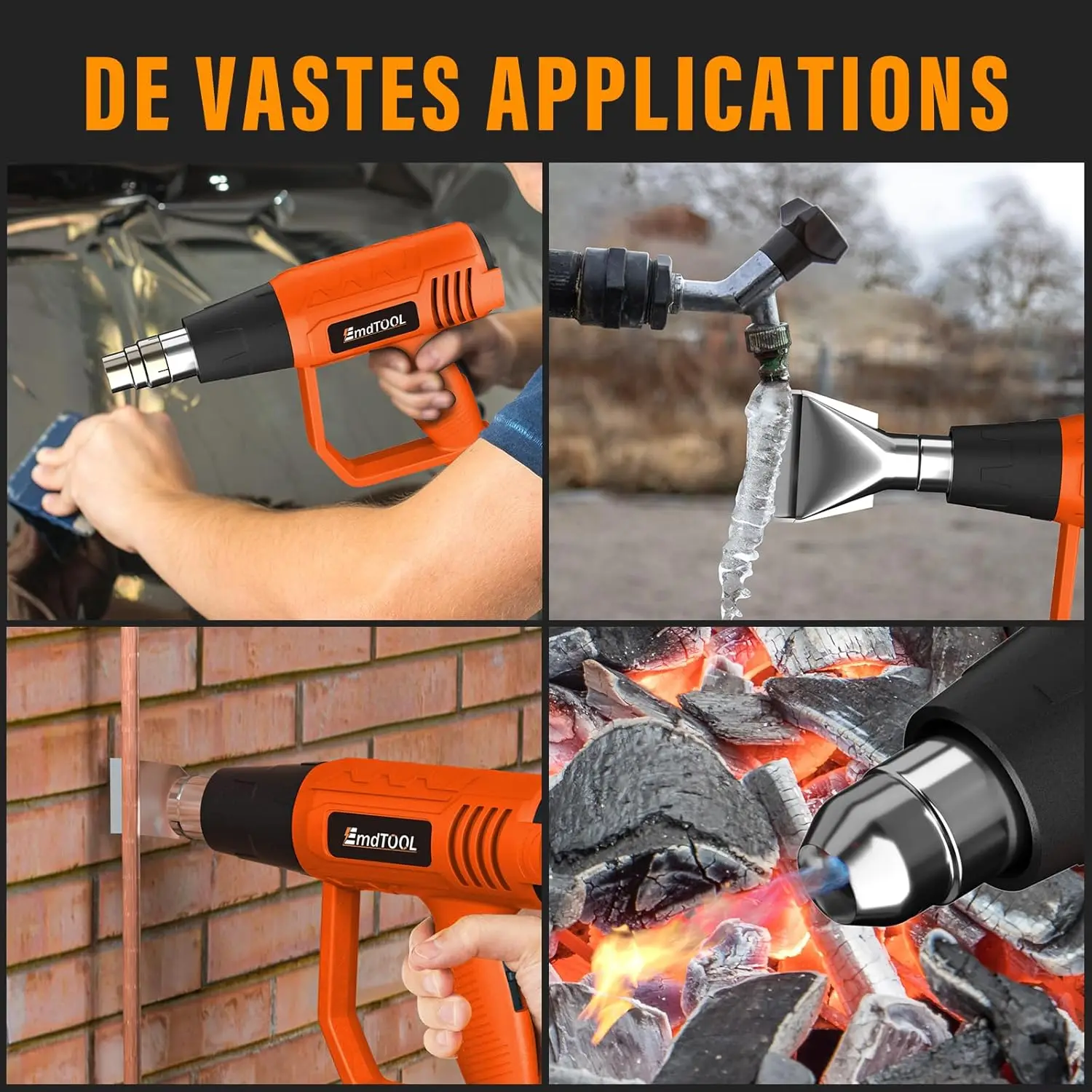 BRIEFNESS Hot Air Gun Fast Heating Paint Removal PVC Reduction 2000W Variable Temperature 60°C - 600°C 2 Air Speeds 4 Nozzles