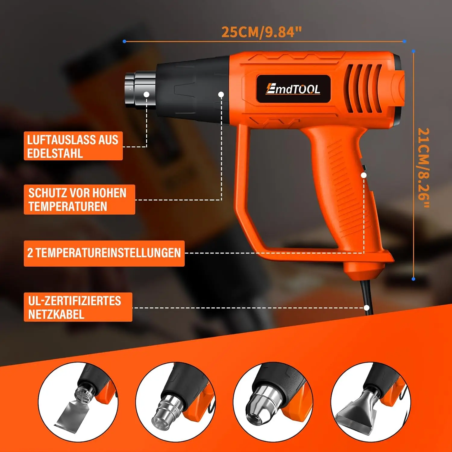 BRIEFNESS Hot Air Gun Fast Heating Paint Removal PVC Reduction 2000W Variable Temperature 60°C - 600°C 2 Air Speeds 4 Nozzles