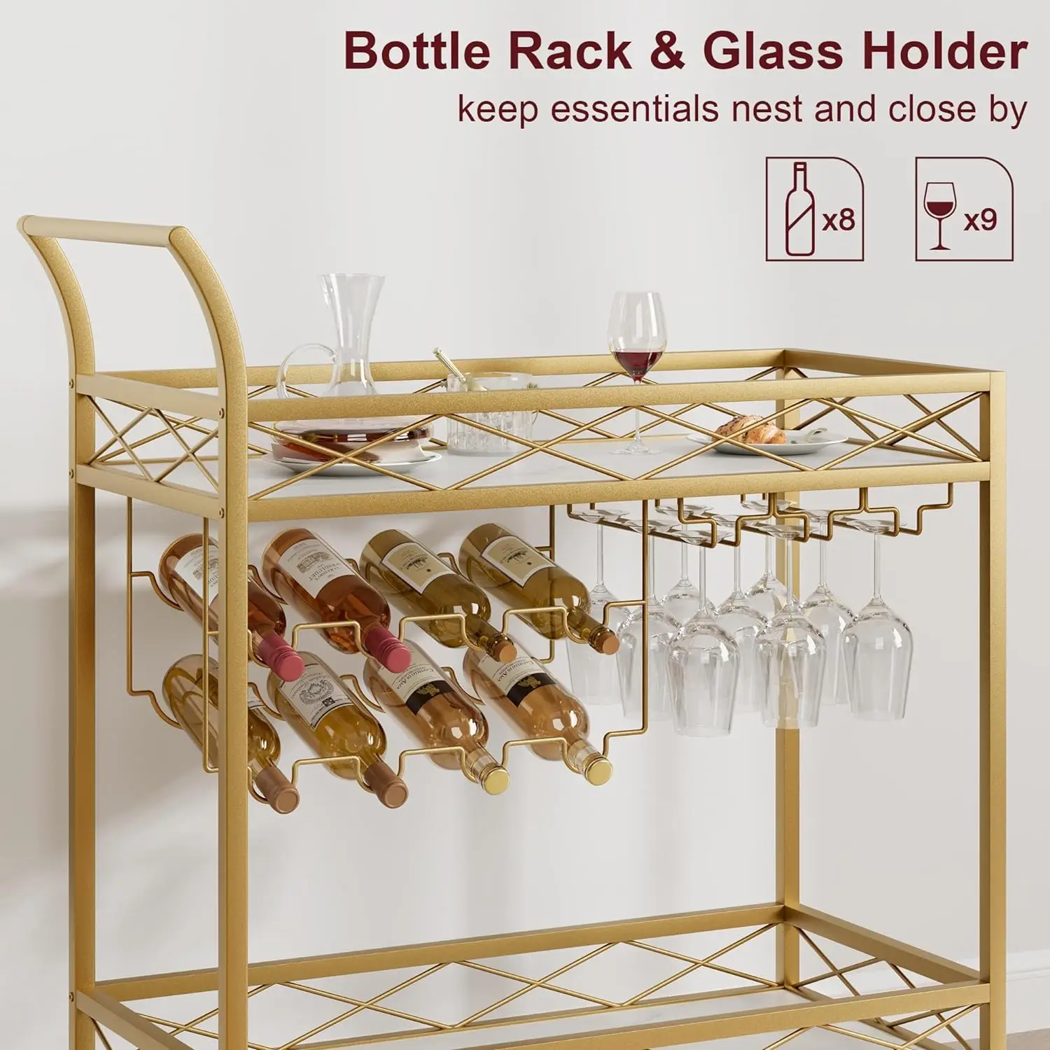 2-level kitchen serving trolley with wheels bar trolley with wine shelf kitchen shelf steel frame industrial design