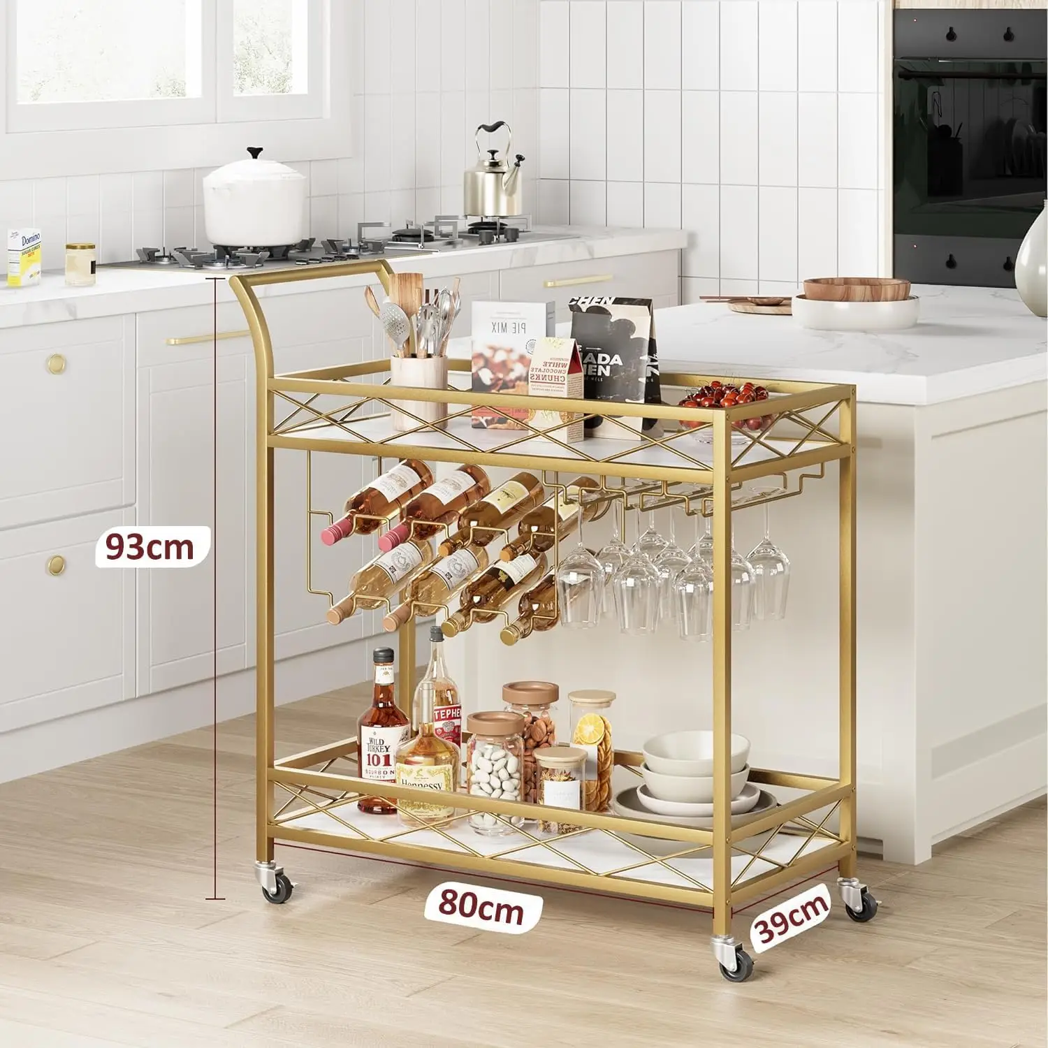 2-level kitchen serving trolley with wheels bar trolley with wine shelf kitchen shelf steel frame industrial design