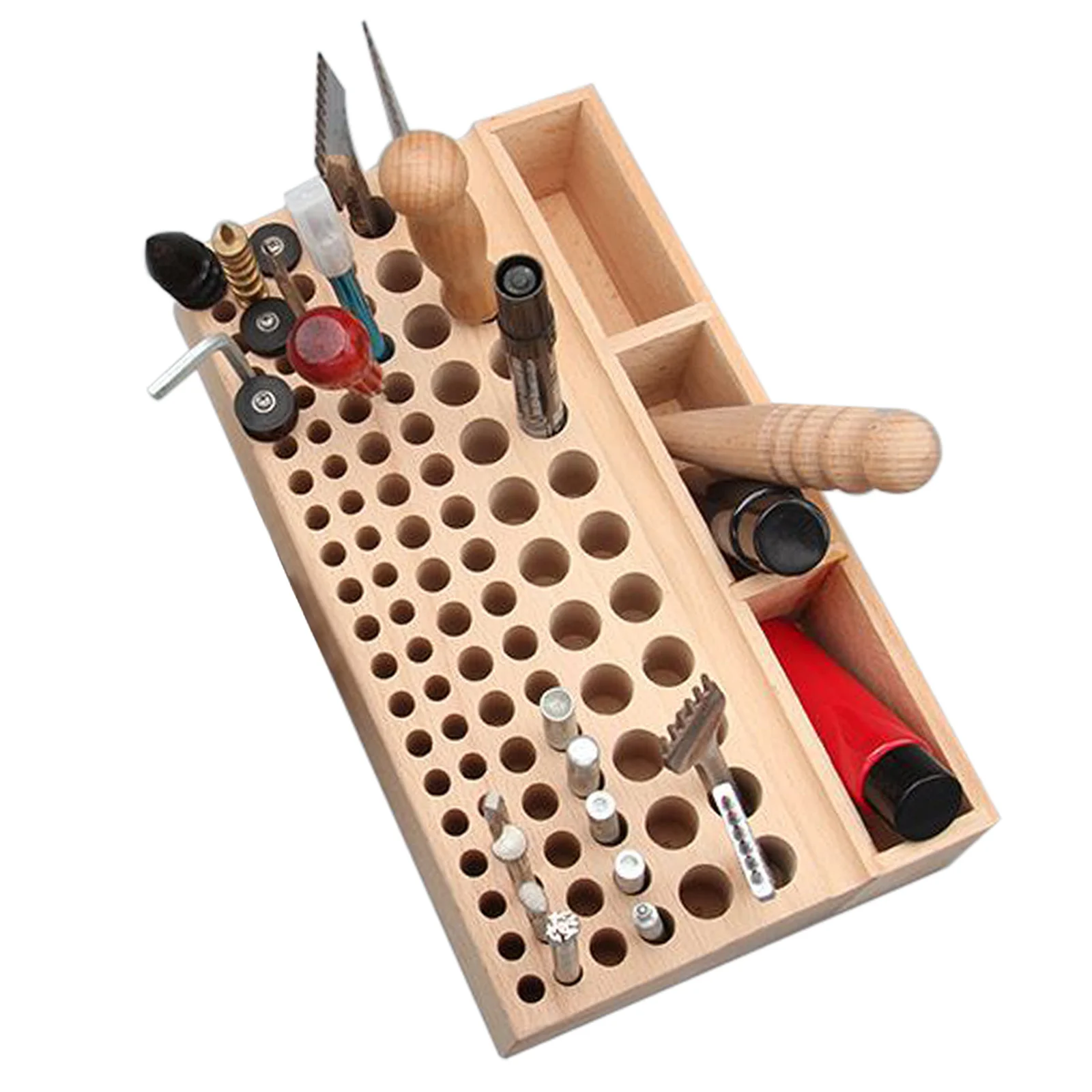 98 Holes Wooden Professional Leather Craft Tool Holder Rack Stand with 3 Slot for Leather Working Making Punch Tools Organizer