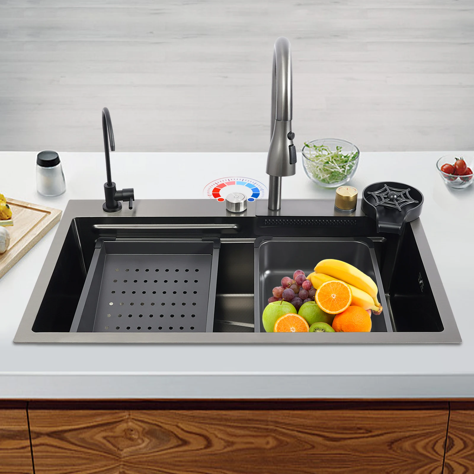 75cm/68cm Household Washing Sink Set Kitchen Bowl Sink 3 Water Output Modes Pull-out Faucet For Cleaning Food