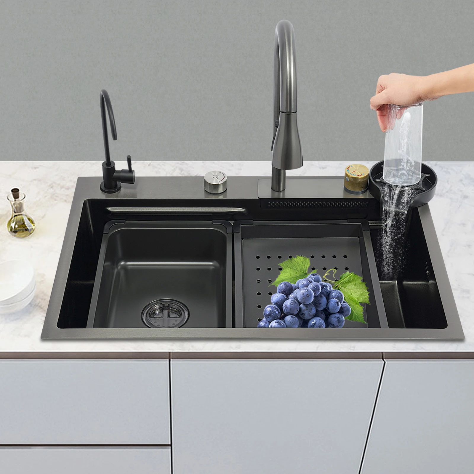 75cm/68cm Household Washing Sink Set Kitchen Bowl Sink 3 Water Output Modes Pull-out Faucet For Cleaning Food