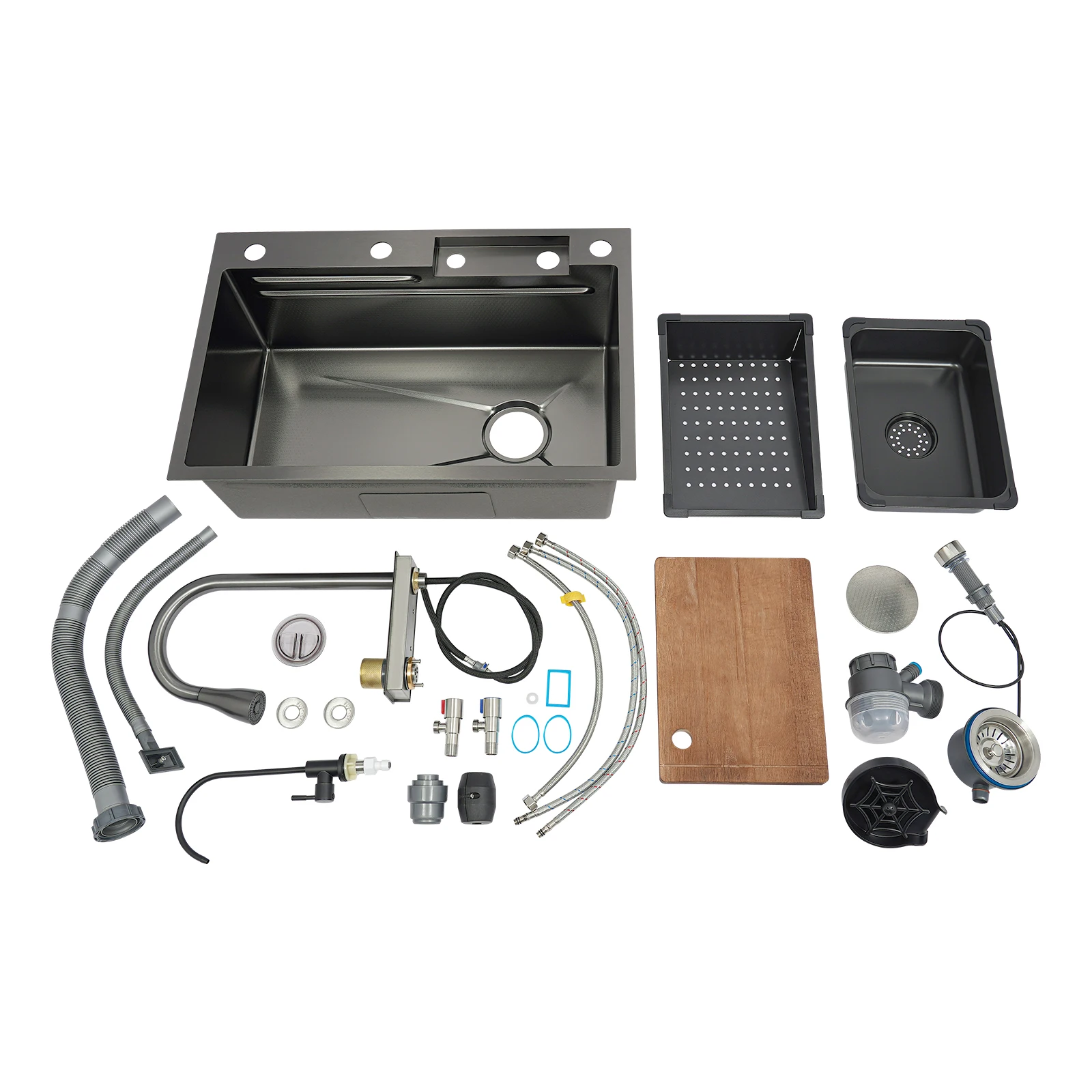 75cm/68cm Household Washing Sink Set Kitchen Bowl Sink 3 Water Output Modes Pull-out Faucet For Cleaning Food