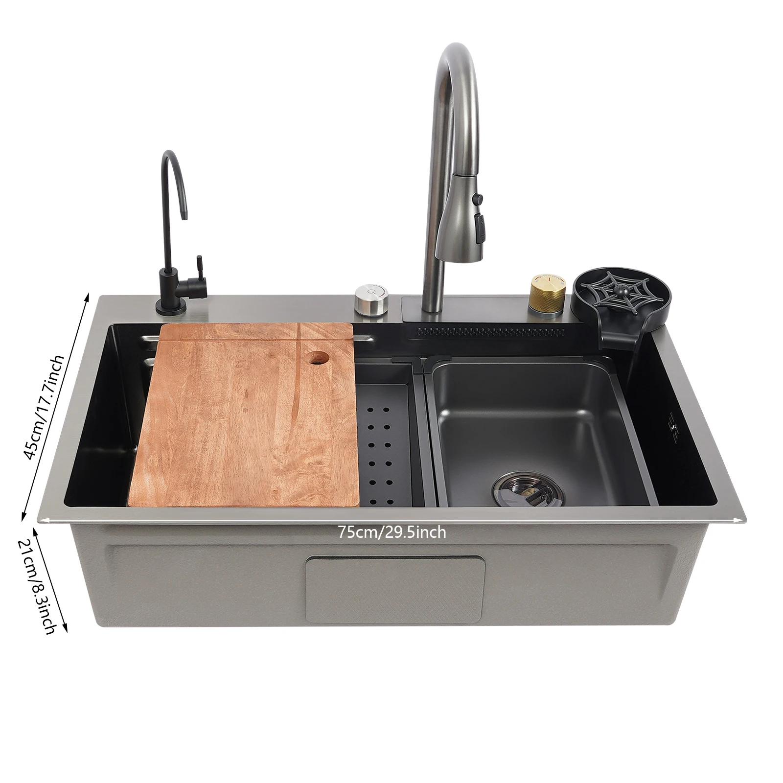 75cm/68cm Household Washing Sink Set Kitchen Bowl Sink 3 Water Output Modes Pull-out Faucet For Cleaning Food