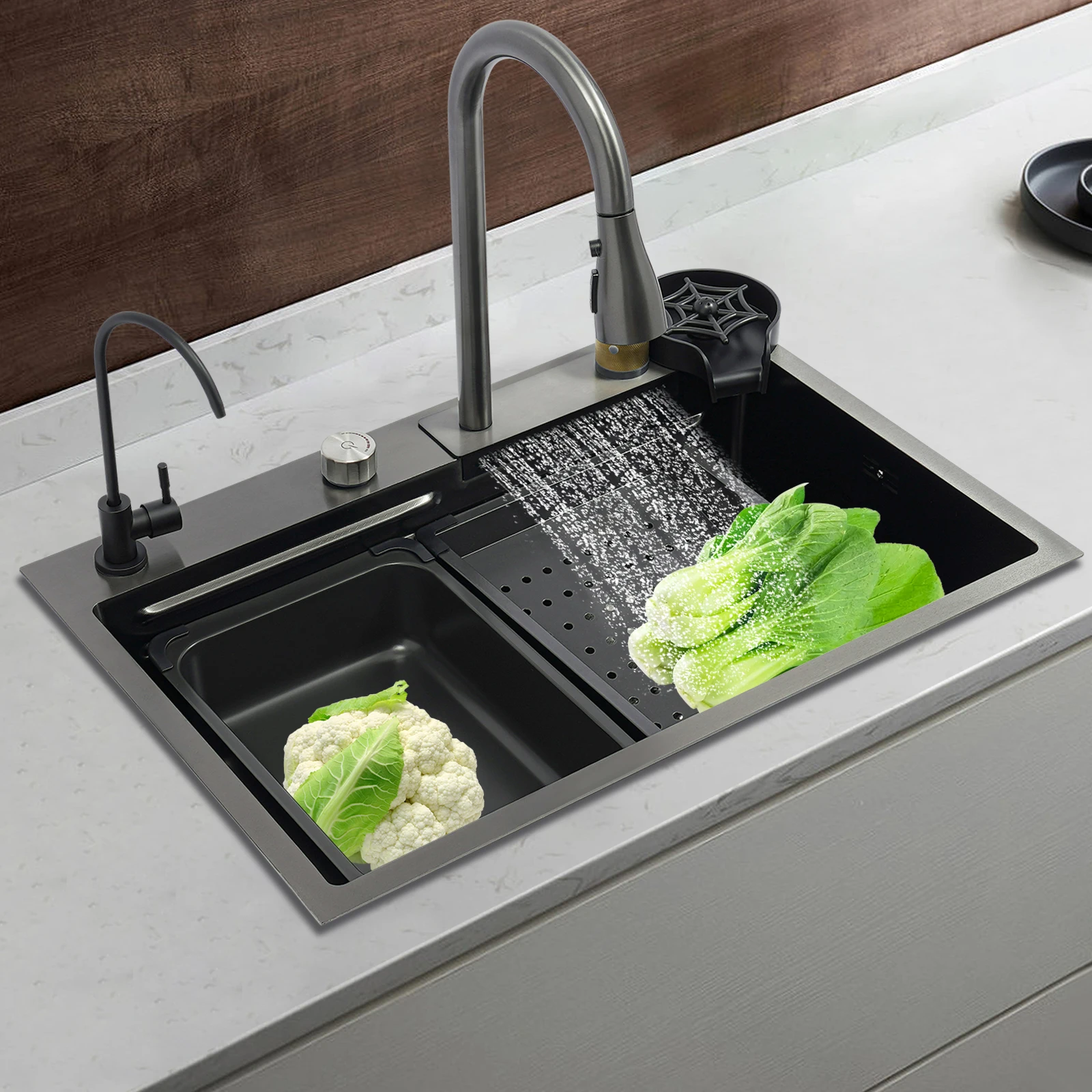 75cm/68cm Household Washing Sink Set Kitchen Bowl Sink 3 Water Output Modes Pull-out Faucet For Cleaning Food