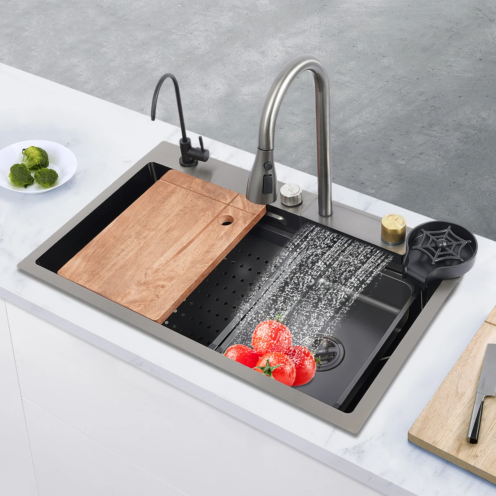 75cm/68cm Household Washing Sink Set Kitchen Bowl Sink 3 Water Output Modes Pull-out Faucet For Cleaning Food