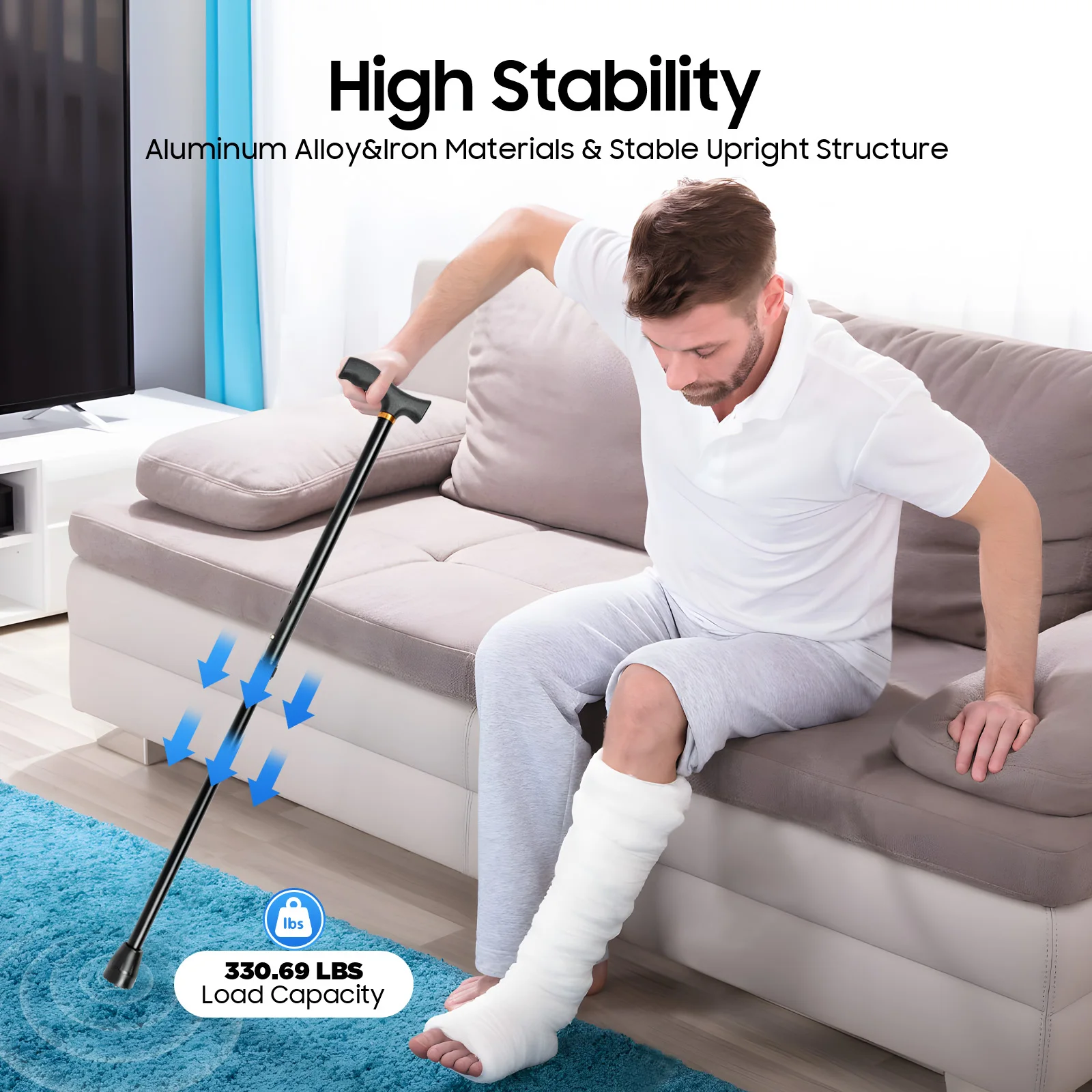 Large Pedal Stairs Cane Half Step Height Adjustable 2-in-1 Non-slip Walking Stick for Elderly
