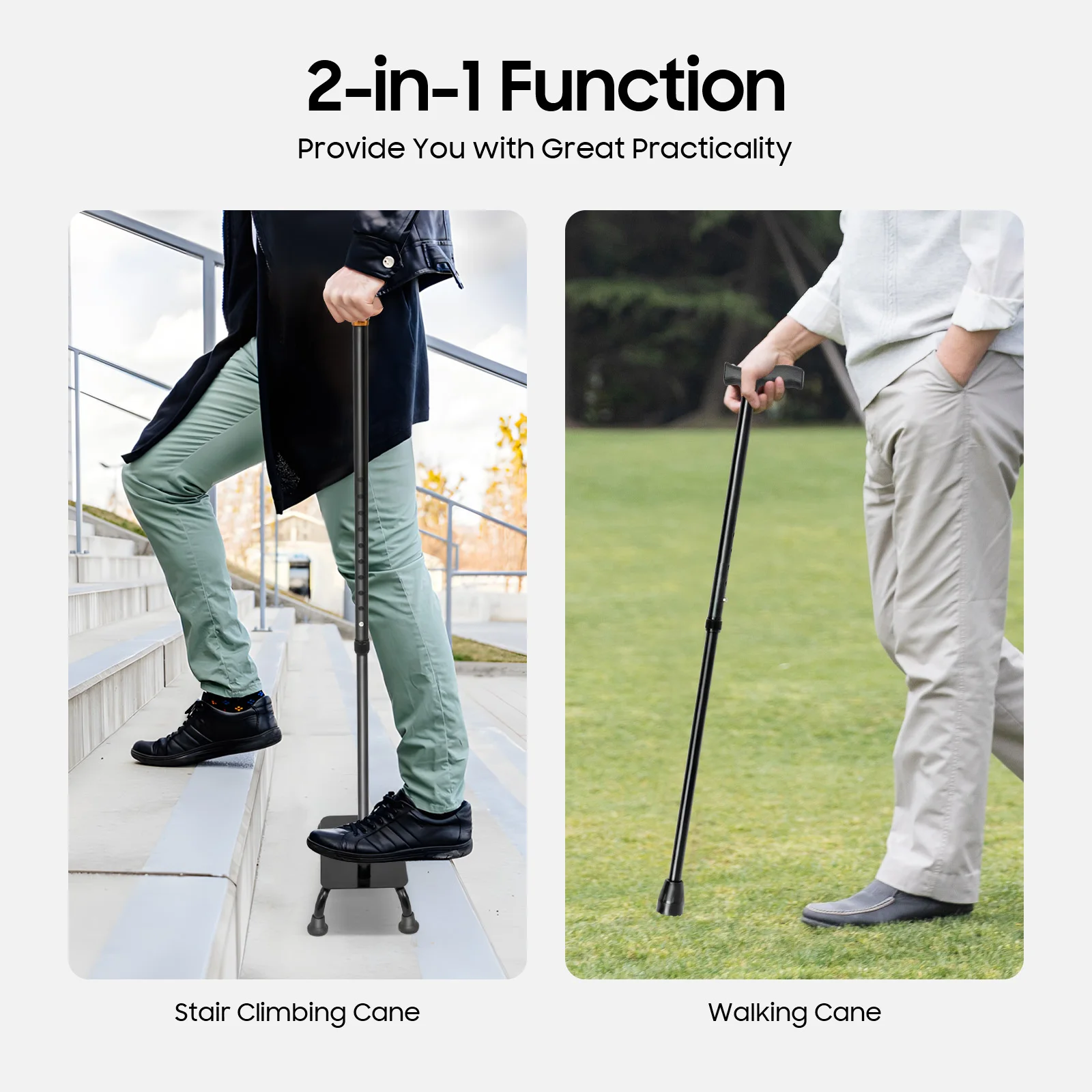 Large Pedal Stairs Cane Half Step Height Adjustable 2-in-1 Non-slip Walking Stick for Elderly