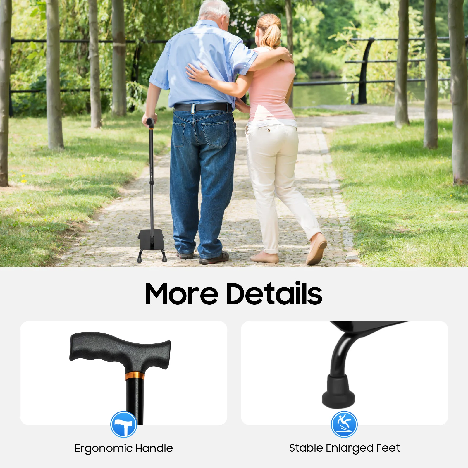 Large Pedal Stairs Cane Half Step Height Adjustable 2-in-1 Non-slip Walking Stick for Elderly