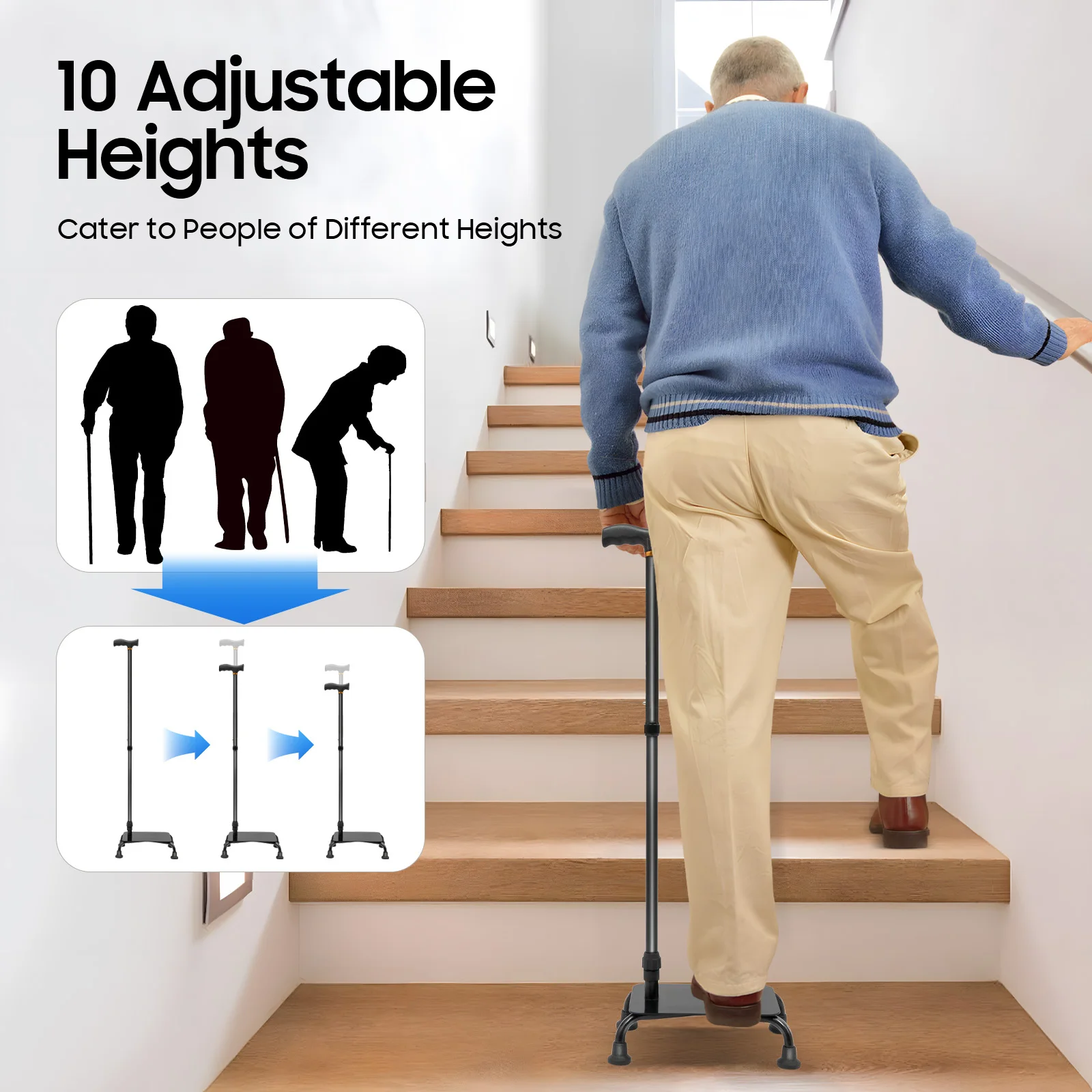 Large Pedal Stairs Cane Half Step Height Adjustable 2-in-1 Non-slip Walking Stick for Elderly