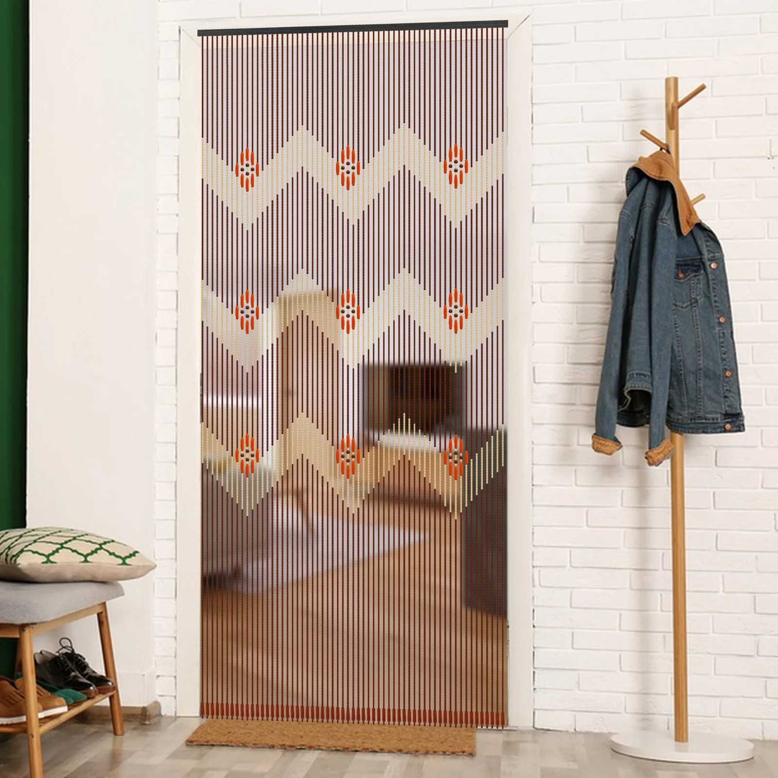 Bamboo Wood Beaded Curtain Colorful Doorway Bead String Curtain Simple Installation Round Bead Pendants