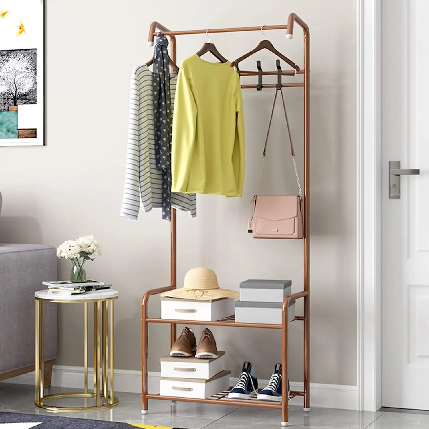 Garderobe, Freistehende Garderobe für das Schlafzimmer, Metallgarderobe mit Haken für Mäntel, Schuhregale, Taschen und Hüte
