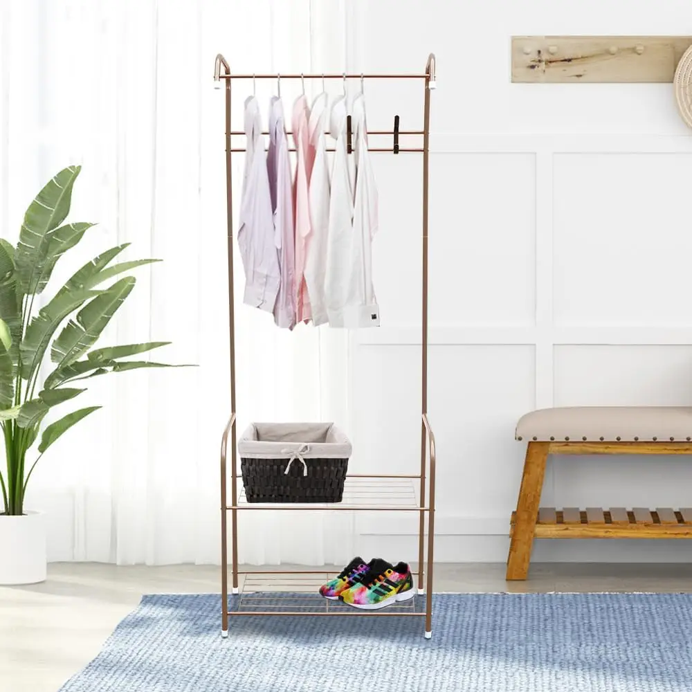 Garderobe, Freistehende Garderobe für das Schlafzimmer, Metallgarderobe mit Haken für Mäntel, Schuhregale, Taschen und Hüte