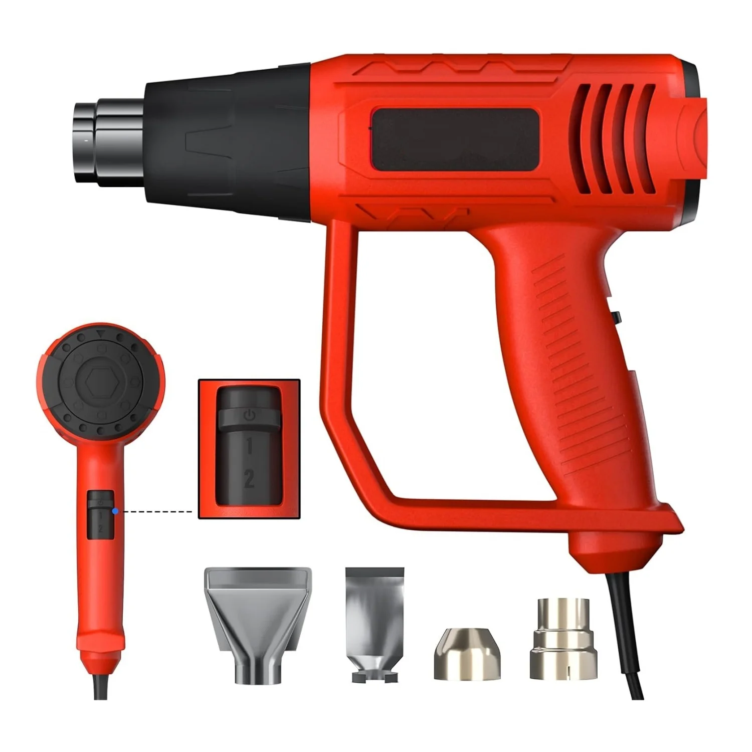 BRIEFNESS Cord Loose Handheld Heat Gun Hot Air Paint Overload Protection and 4 Nozzle Attachments RED-BLACK