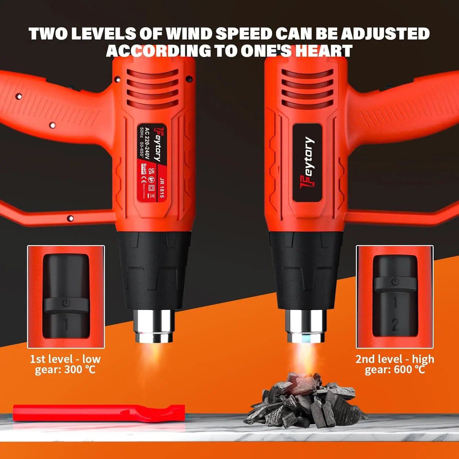 BRIEFNESS Cord Loose Handheld Heat Gun Hot Air Paint Overload Protection and 4 Nozzle Attachments RED-BLACK