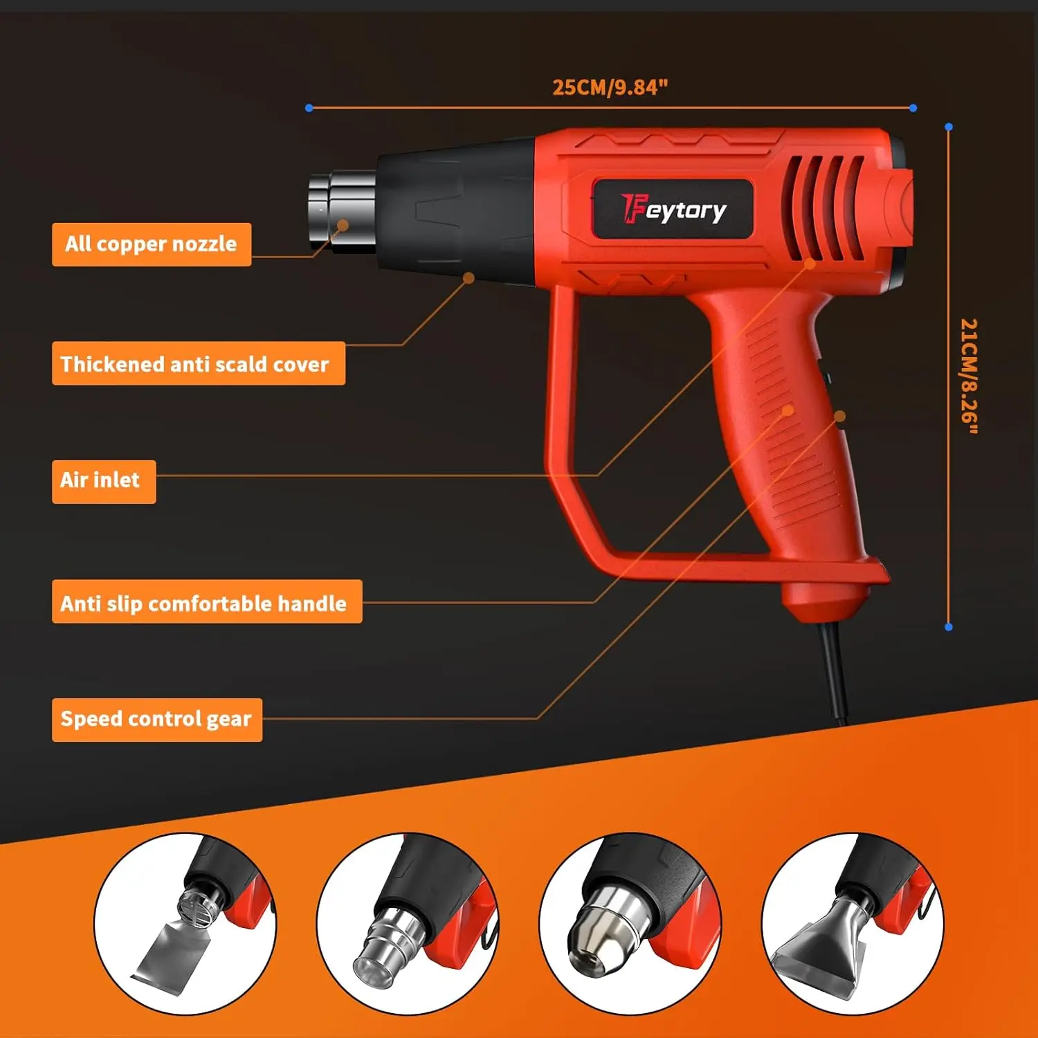 BRIEFNESS Cord Loose Handheld Heat Gun Hot Air Paint Overload Protection and 4 Nozzle Attachments RED-BLACK