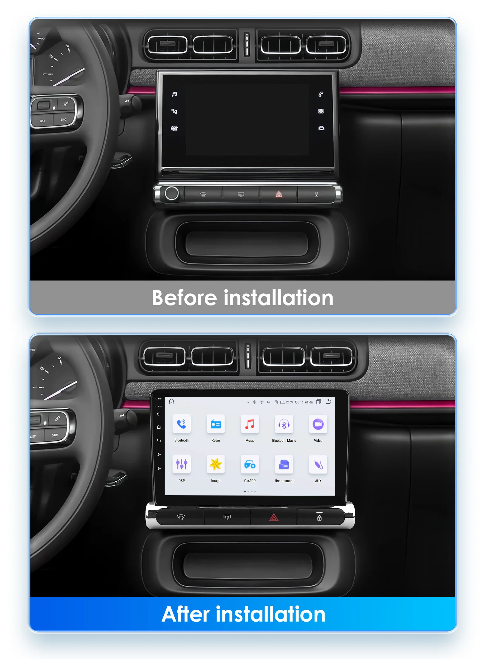 Hizpo 2Din 9inch CarPlay Android Auto Car Radio for Citroen C3/C4 Aircross 2017 - 2023 GPS RDS DSP 4G BT 360°CAM UI7862 Headunit