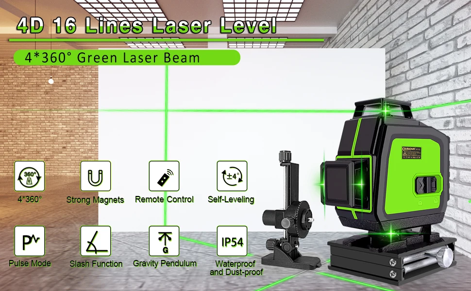 Clubiona 16 lines professional Super powerful Green Beams Laser Level With 2pcs batteries and receiver