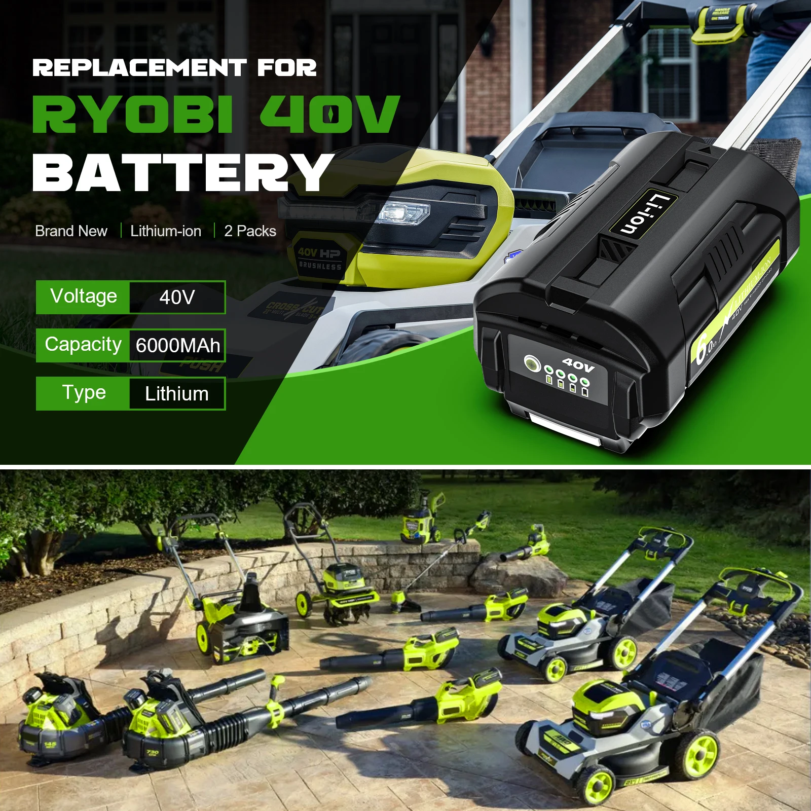 For Ryobi Battery 40V OP4050 6000mAh Lithium-ion Battery Replacement Battery For Ryobi OP4050 OP4060 Series Lawn Mowers Tool