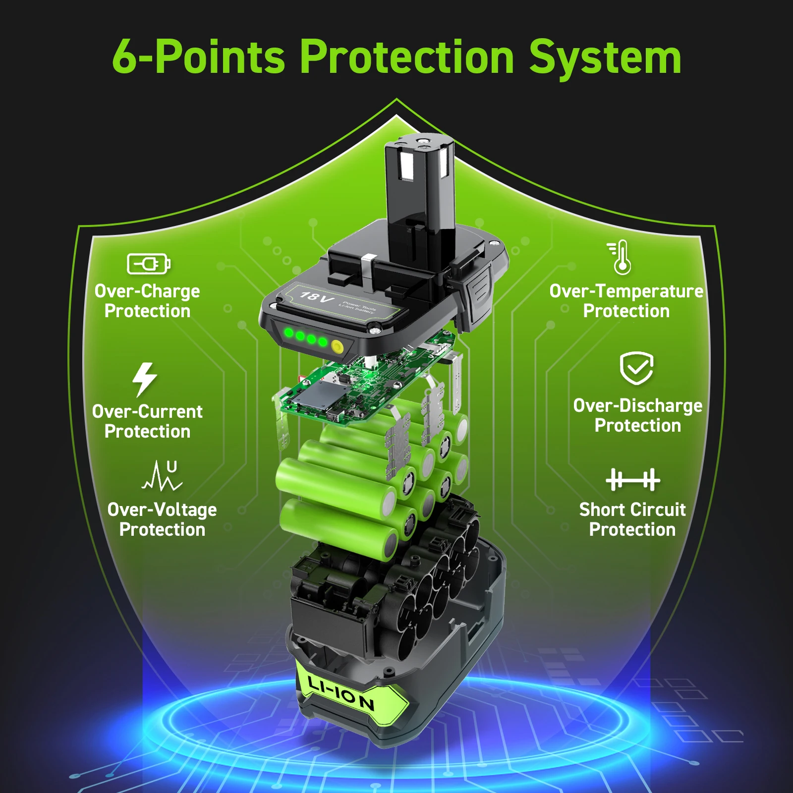 Bonacell 6000mah For Ryobi 18V Tool Battery Li-ion Battery Replacement Battery For Ryobi P108 P104 P107 Cordless Power Tools