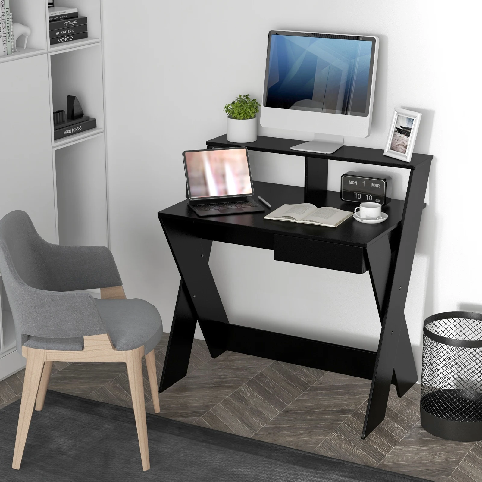Computer table with Drawer desk with Monitor Rise, X Shaped Worktable Wood Small Spaces Home