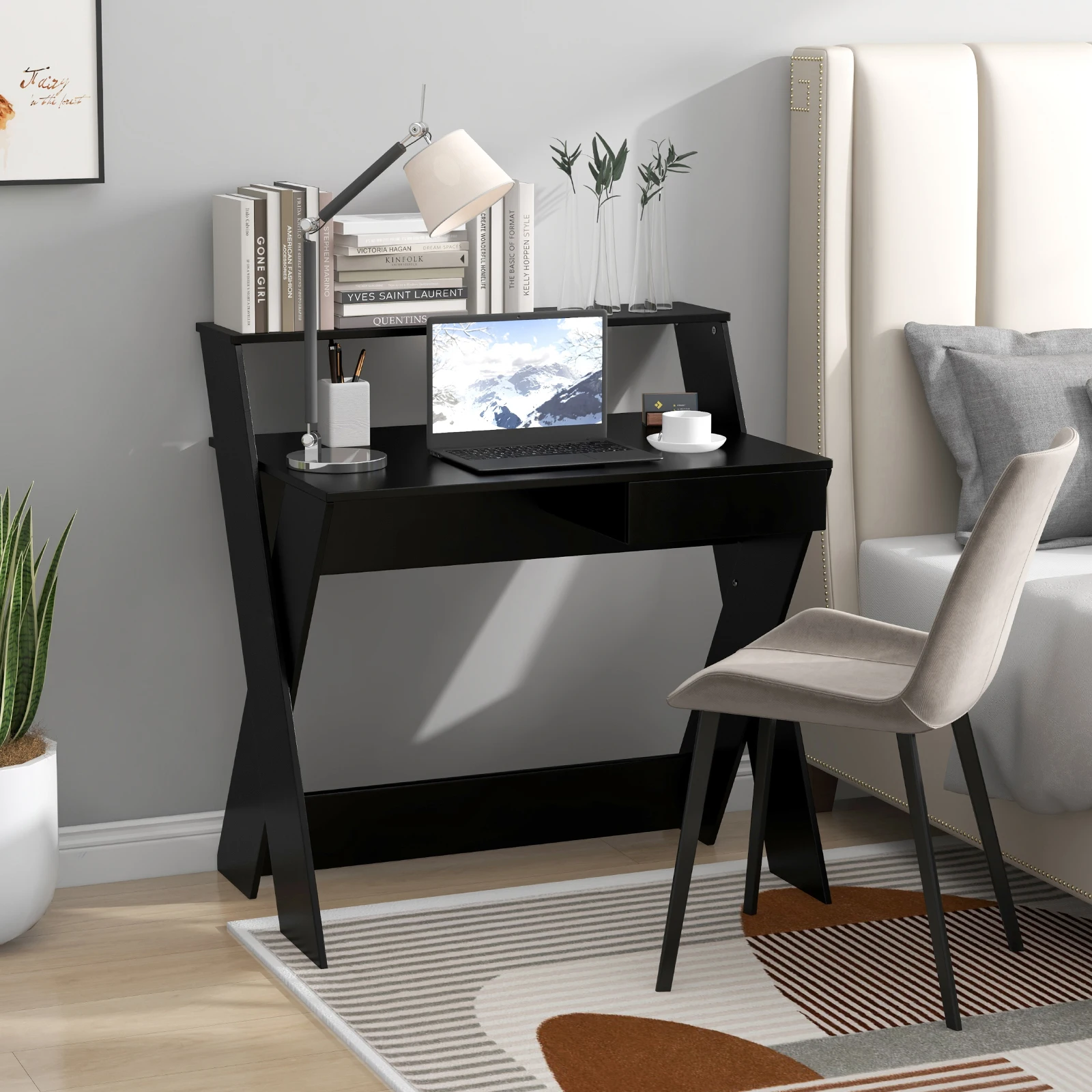 Computer table with Drawer desk with Monitor Rise, X Shaped Worktable Wood Small Spaces Home