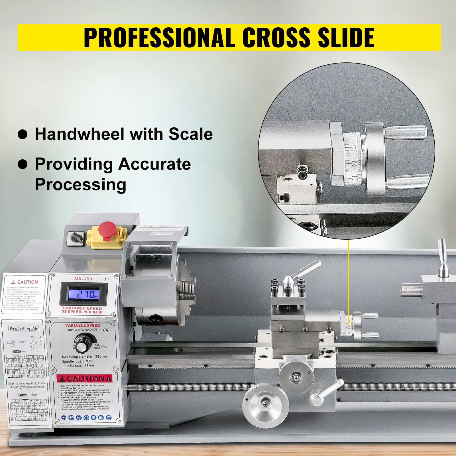 SucceBuy Mini Metal Lathe Machine 8.7x29.5 inch / 220x750MM 1100W Infinitely Variable Speed LED for Counter Face Turning Driling
