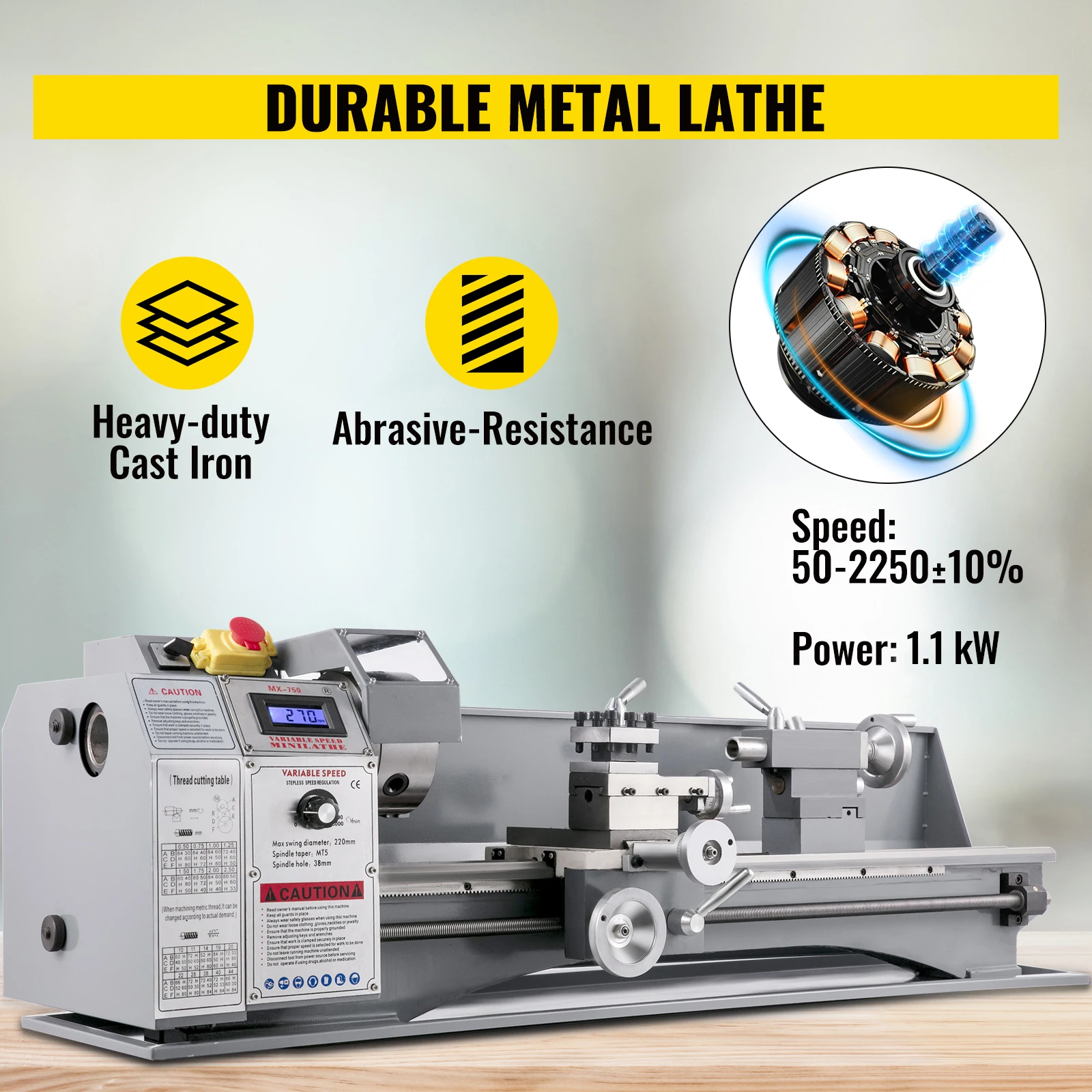 SucceBuy Mini Metal Lathe Machine 8.7x29.5 inch / 220x750MM 1100W Infinitely Variable Speed LED for Counter Face Turning Driling