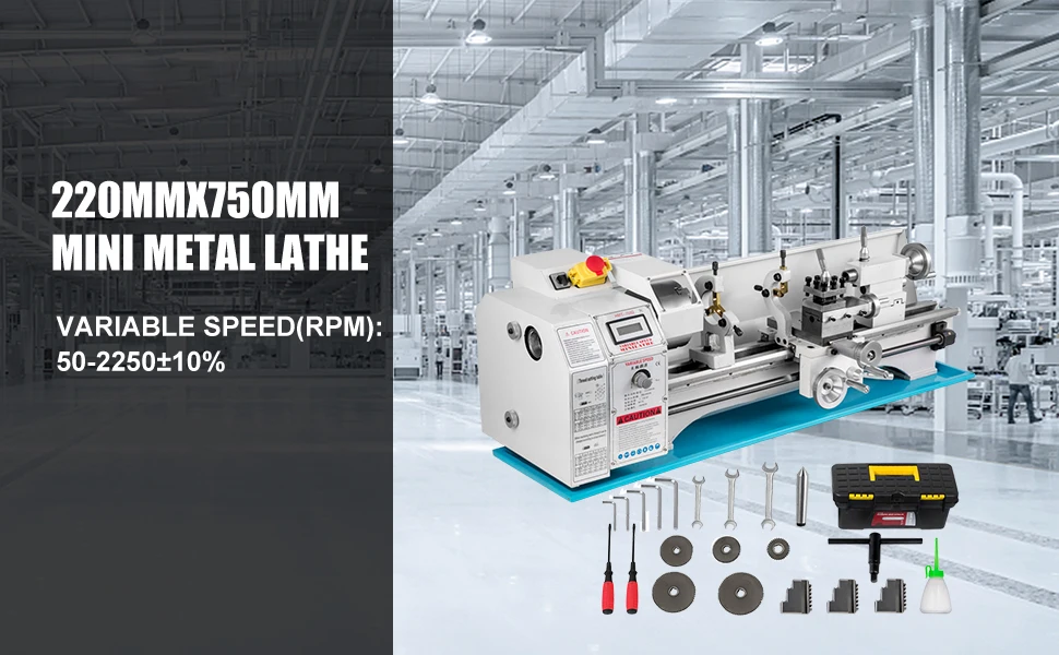 SucceBuy Mini Metal Lathe Machine 8.7x29.5 inch / 220x750MM 1100W Infinitely Variable Speed LED for Counter Face Turning Driling
