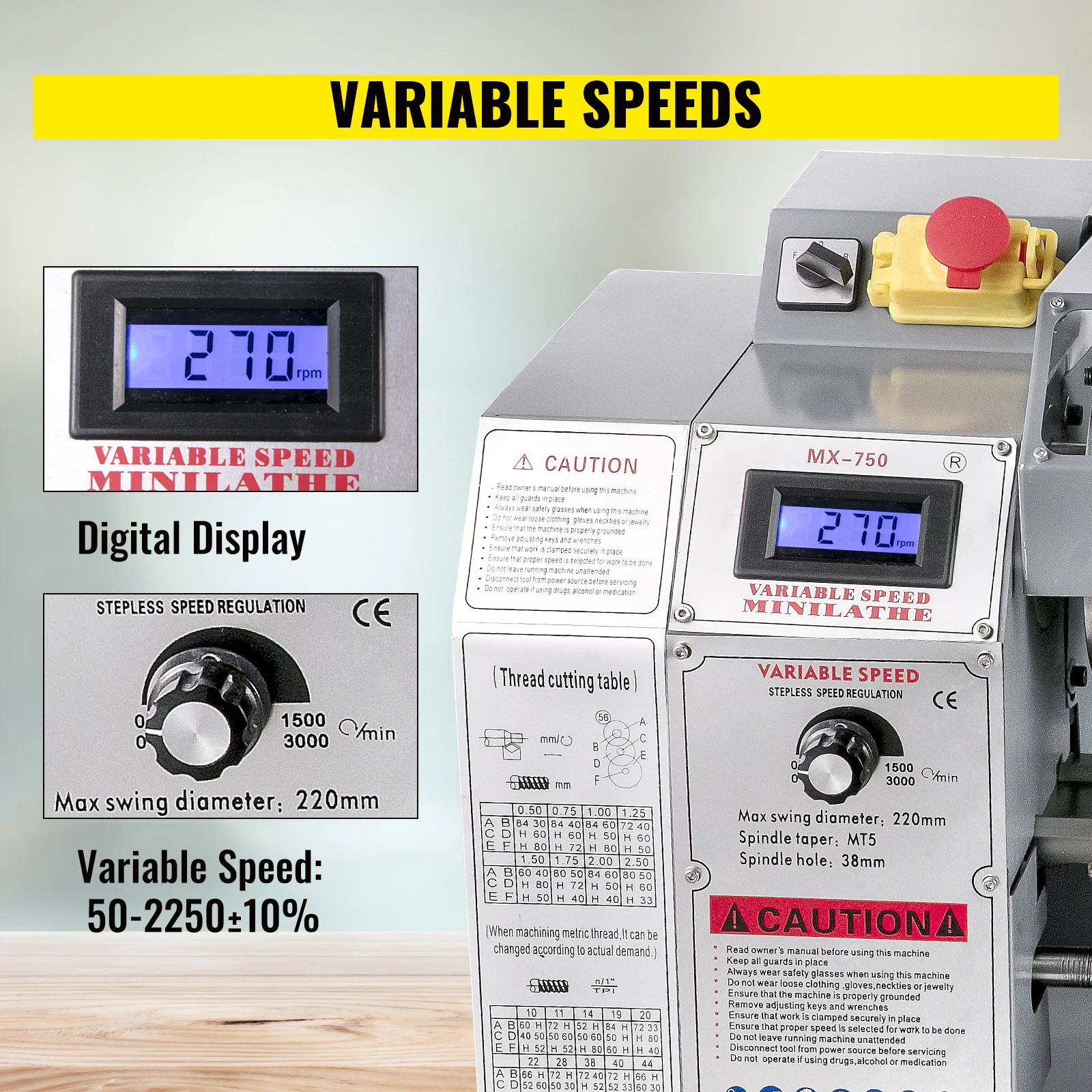 SucceBuy Mini Metal Lathe Machine 8.7x29.5 inch / 220x750MM 1100W Infinitely Variable Speed LED for Counter Face Turning Driling