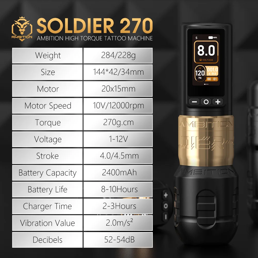 Ambition Soldier 270 Wireless Tattoo Machine 4.0mm+4.5mm Stroke Brushless Motor Pen Professional 2400mAh Battery Grip 34+42mm