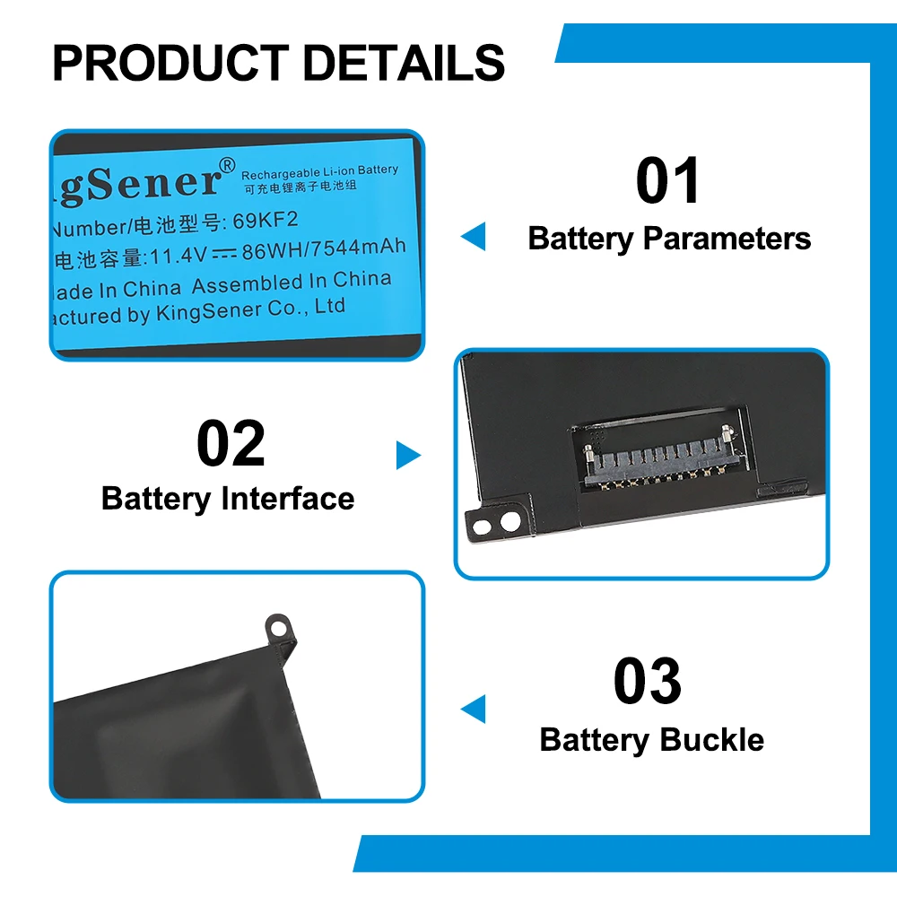 KingSener 69KF2 Laptop Battery for DELL XPS 15 9500 9510 9520 9530 Precision 5550 5560 G15 5510 5511 5520 5515 5521 G7 15 7500 P91F P87F 86WH Free Tools