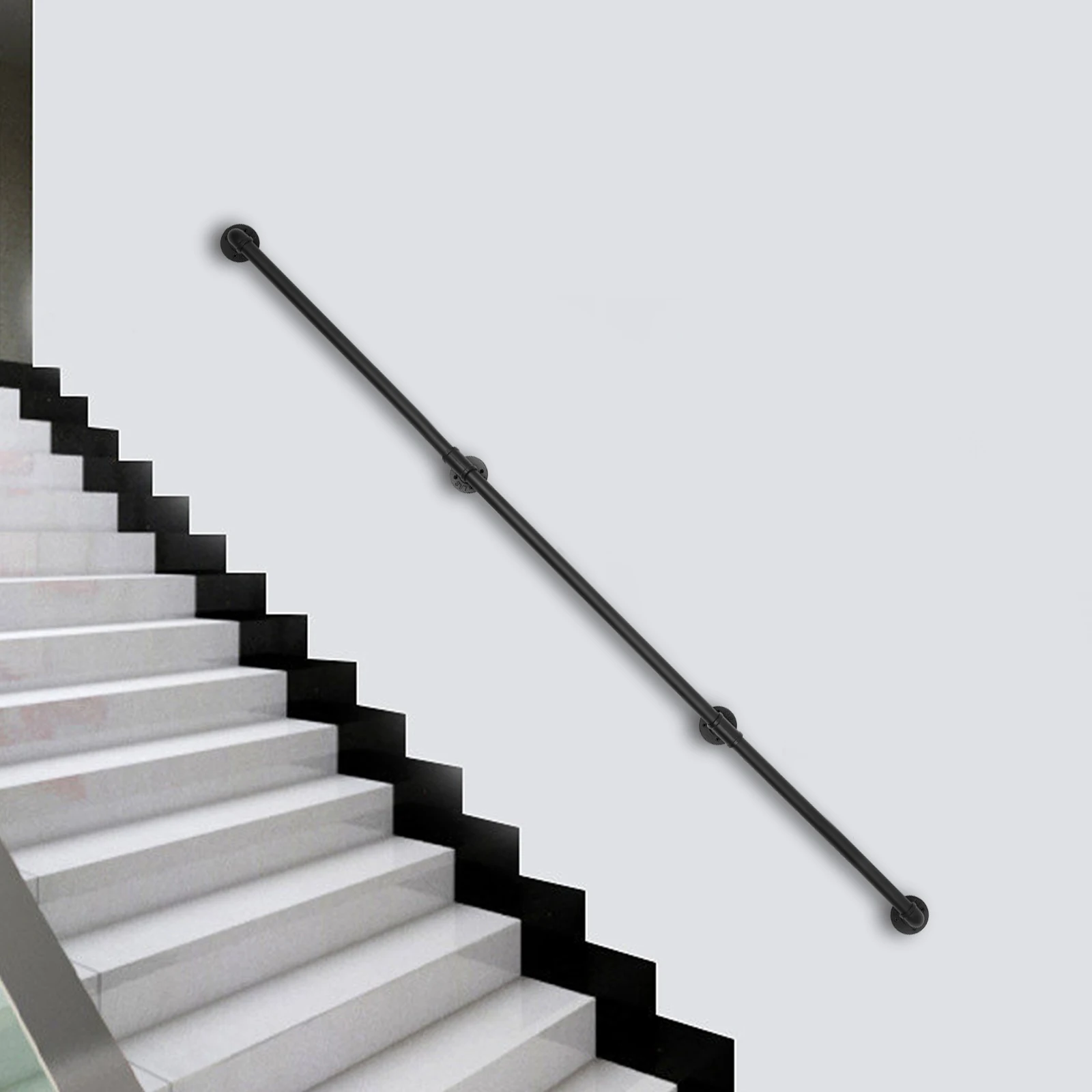 3-12FT Stair Handrail Wall Mount Metal Stair Railing Indoor And Outdoor Non-Slip Industrial Pipe Railing,Black,Round Corner