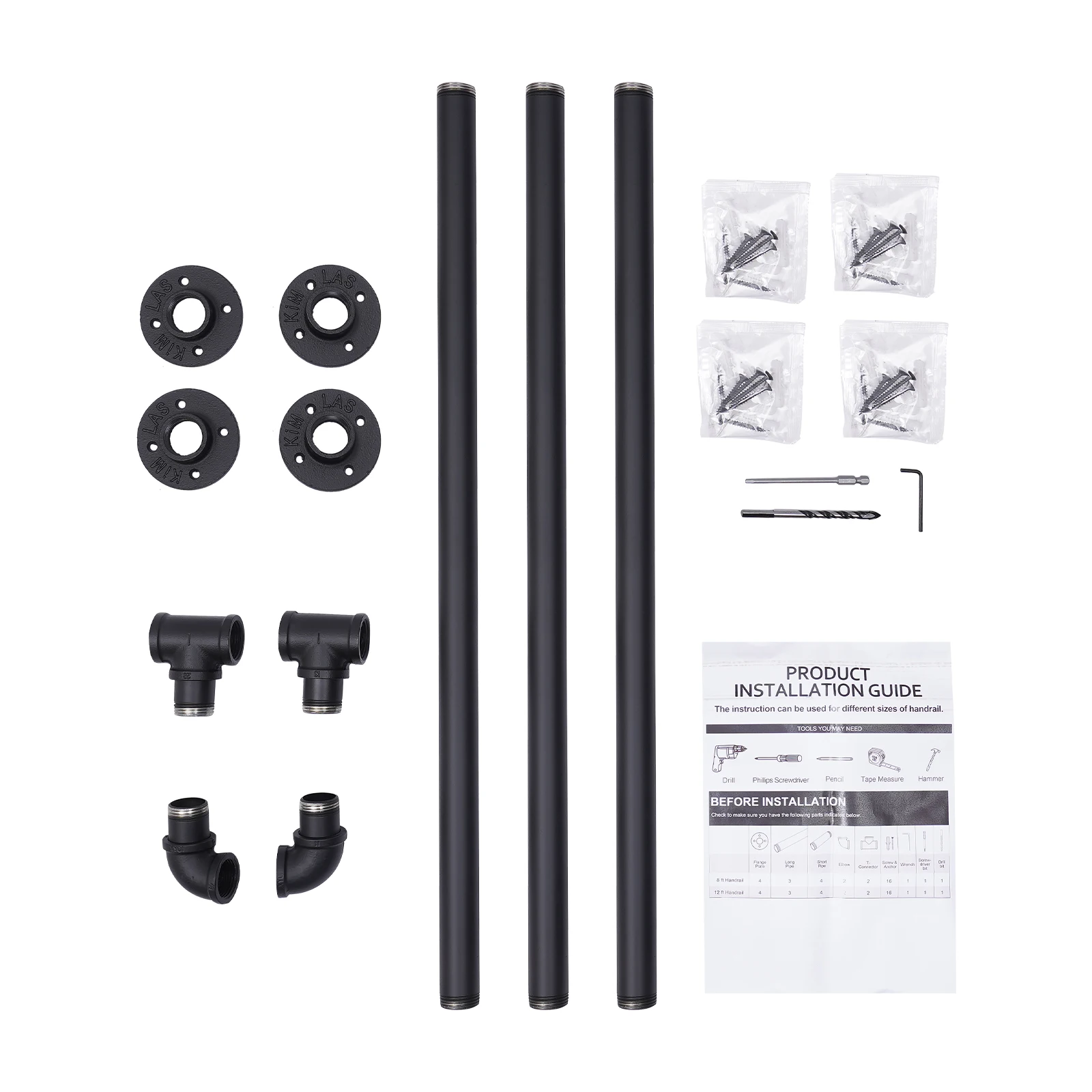 3-12FT Stair Handrail Wall Mount Metal Stair Railing Indoor And Outdoor Non-Slip Industrial Pipe Railing,Black,Round Corner