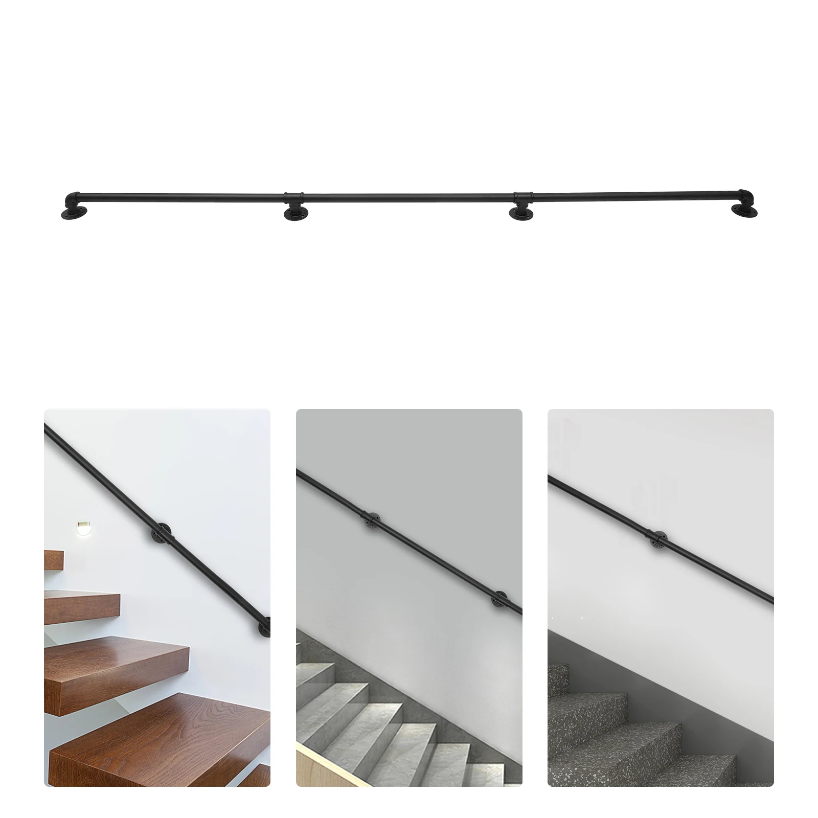 3-12FT Stair Handrail Wall Mount Metal Stair Railing Indoor And Outdoor Non-Slip Industrial Pipe Railing,Black,Round Corner