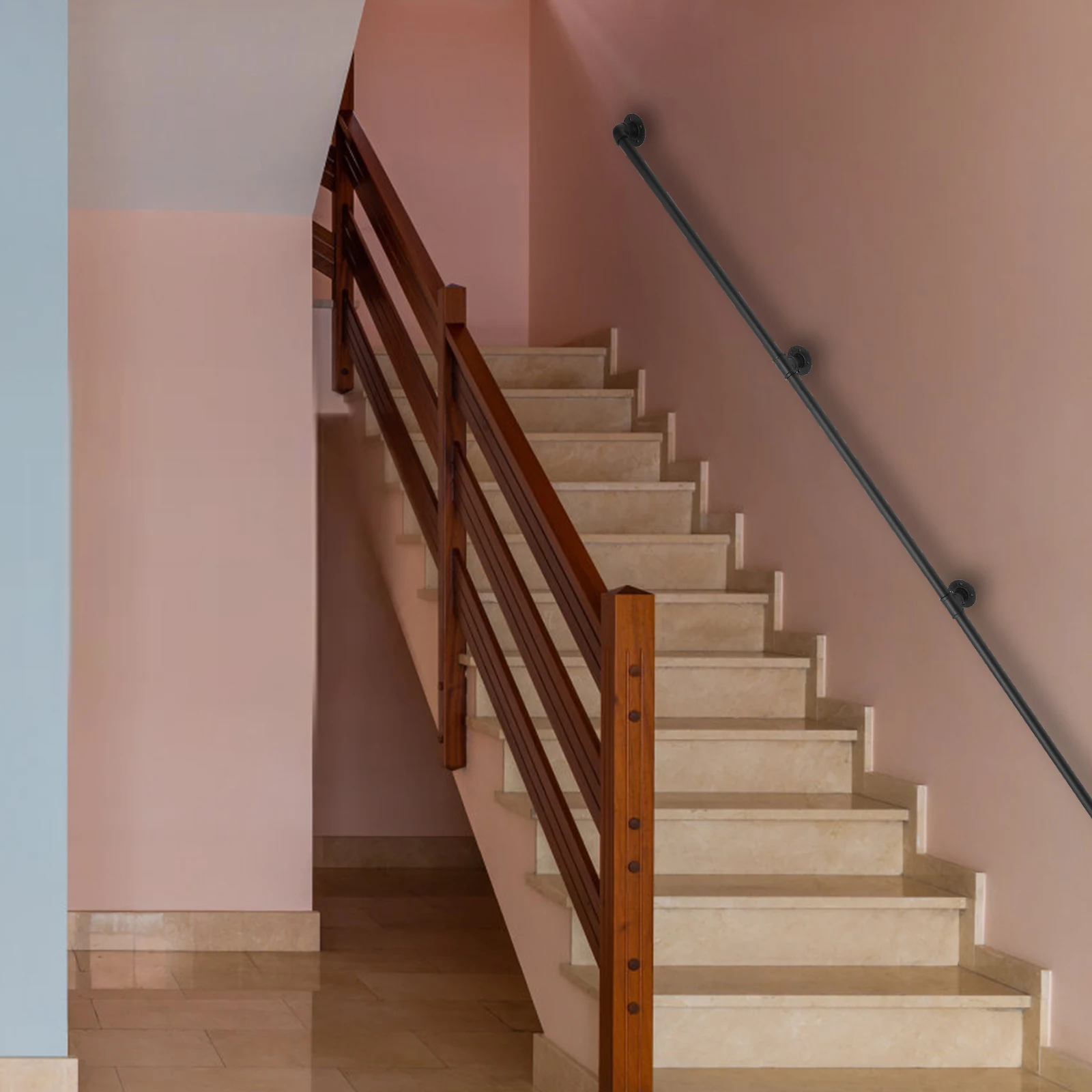 3-12FT Stair Handrail Wall Mount Metal Stair Railing Indoor And Outdoor Non-Slip Industrial Pipe Railing,Black,Round Corner