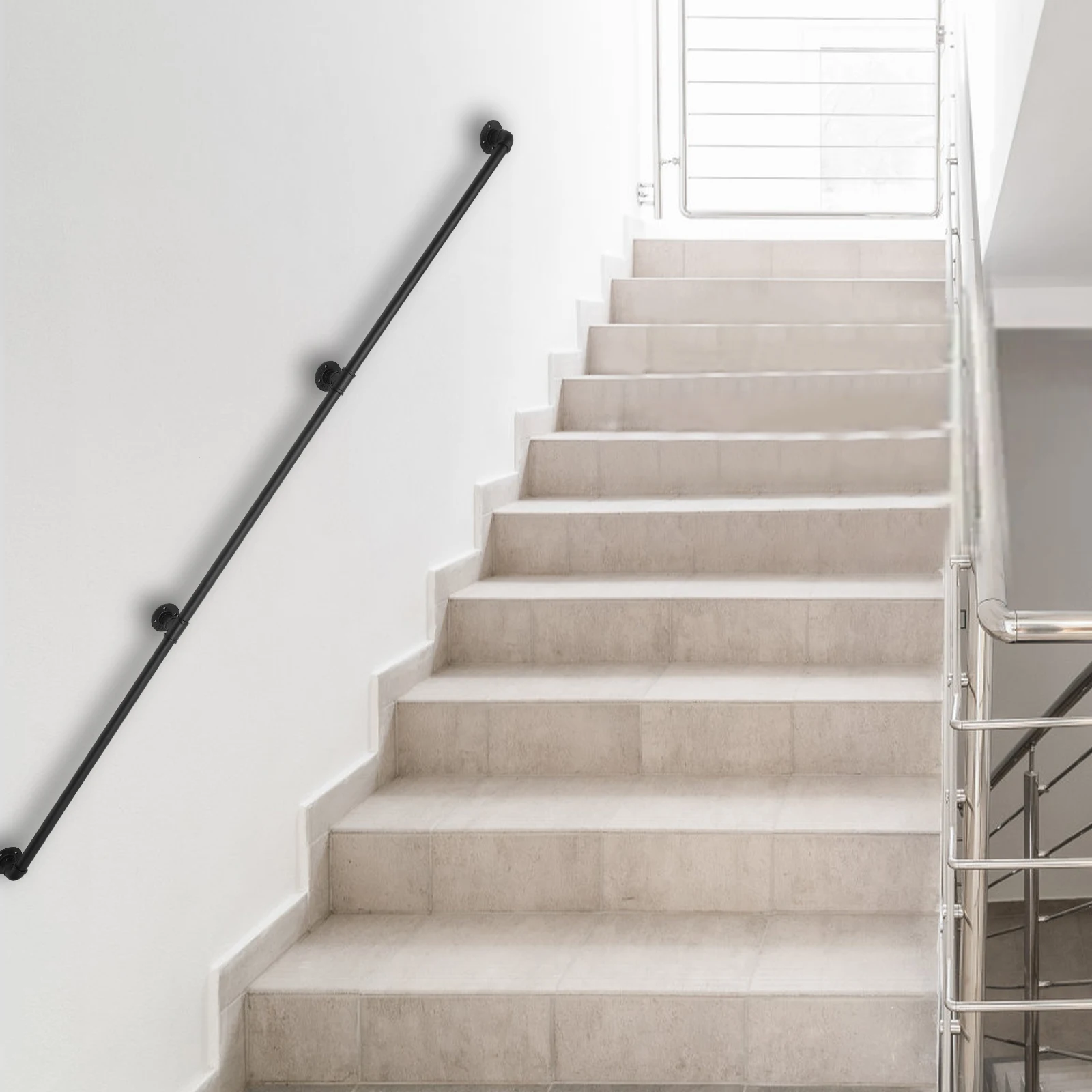 3-12FT Stair Handrail Wall Mount Metal Stair Railing Indoor And Outdoor Non-Slip Industrial Pipe Railing,Black,Round Corner