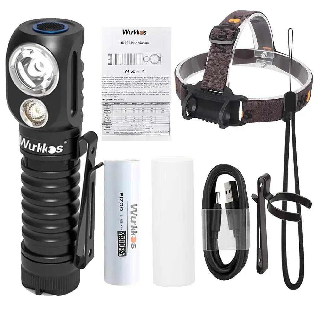 Wurkkos HD20 Headlamp Rechargeable 21700 Headlight 2000lm Dual LED USB-C Reverse Charge Magnetic Tail Work Camp Light