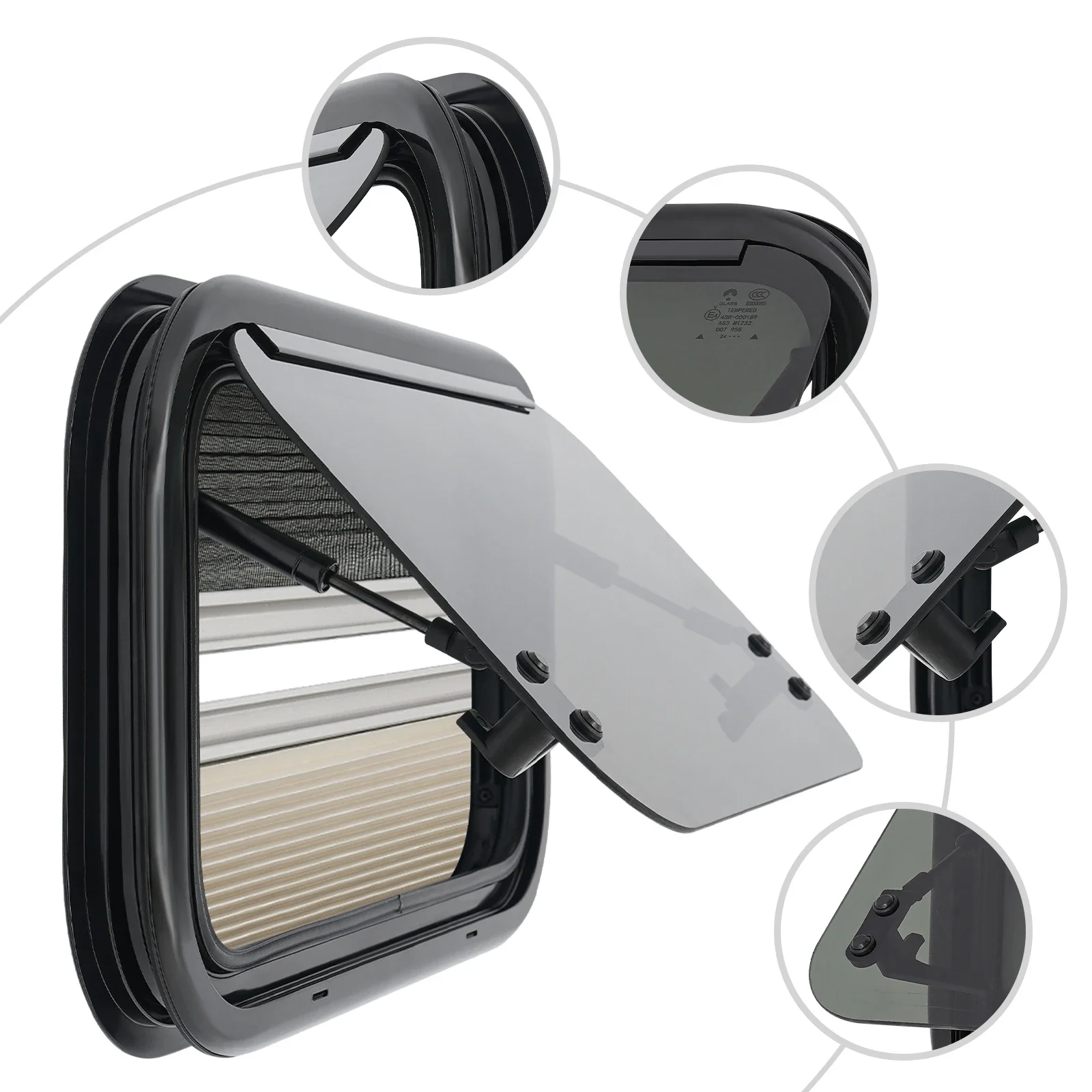500x300mm RV Push Out Window with Rounded Corners and Straight Corners Tempered Glass RV Caravan Camper Windows With Screen