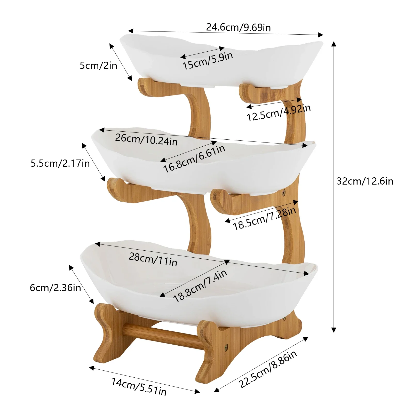 3-Tier White Fruit Plates W| Stand, Snack Dessert Cake Tray Plate Rack Fruit Stander W| Bamboo Wood Stand for Party Wedding