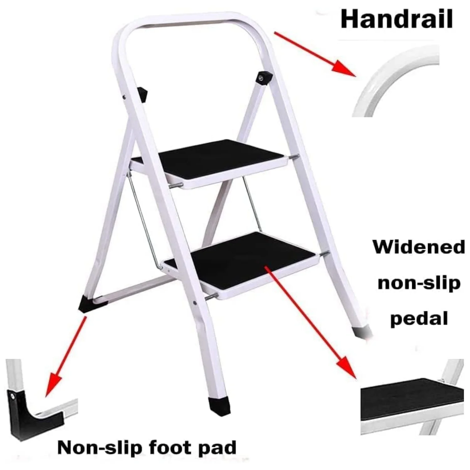 BRIEFNESS Folding 2 Step Stool Portable Step Ladder Home Kitchen Lightweight Ladder Steel Step Ladder Tread Pad