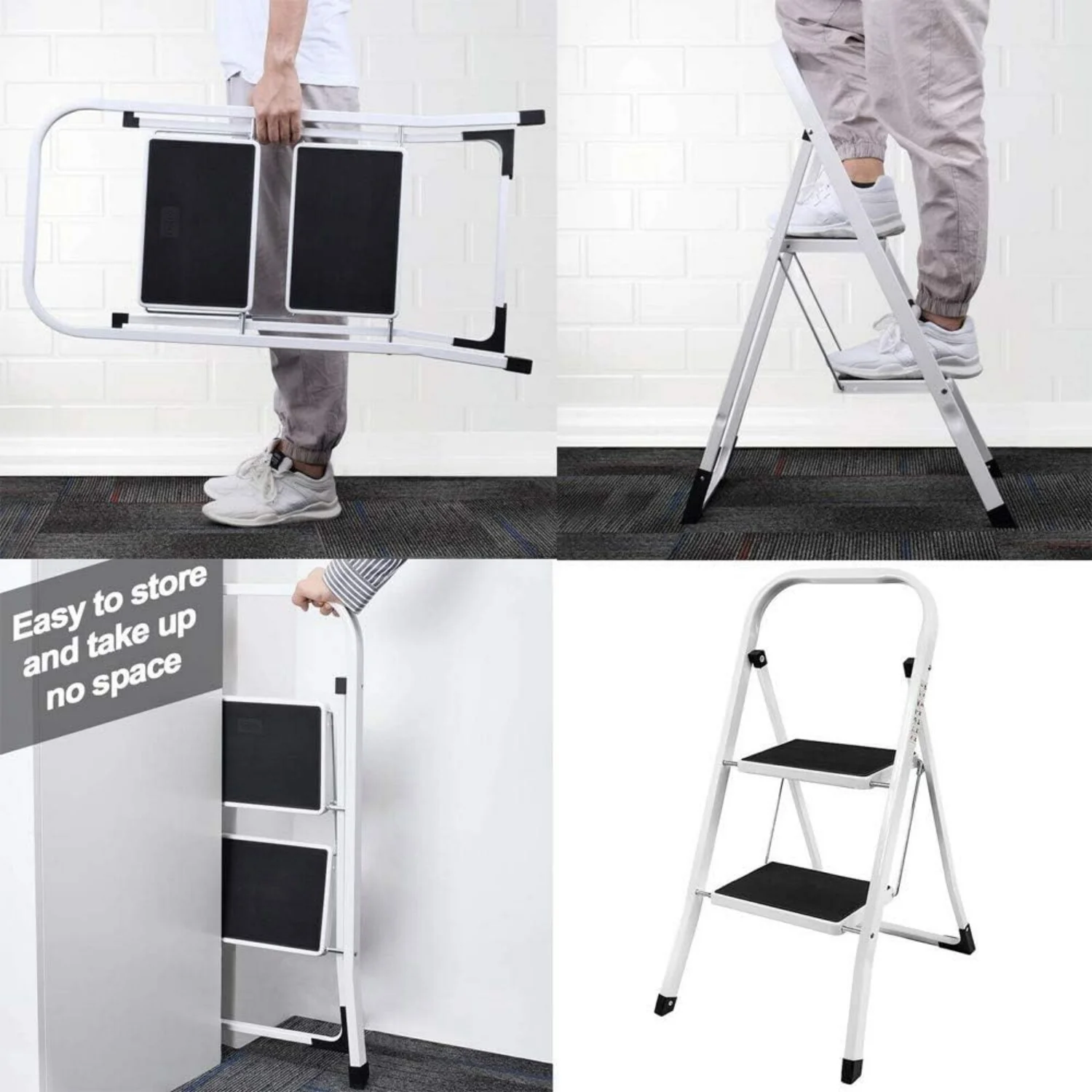 BRIEFNESS Folding 2 Step Stool Portable Step Ladder Home Kitchen Lightweight Ladder Steel Step Ladder Tread Pad