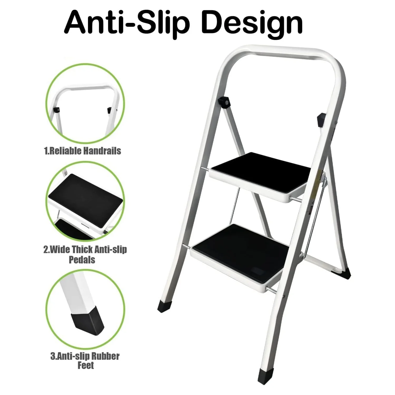 BRIEFNESS Folding 2 Step Stool Portable Step Ladder Home Kitchen Lightweight Ladder Steel Step Ladder Tread Pad