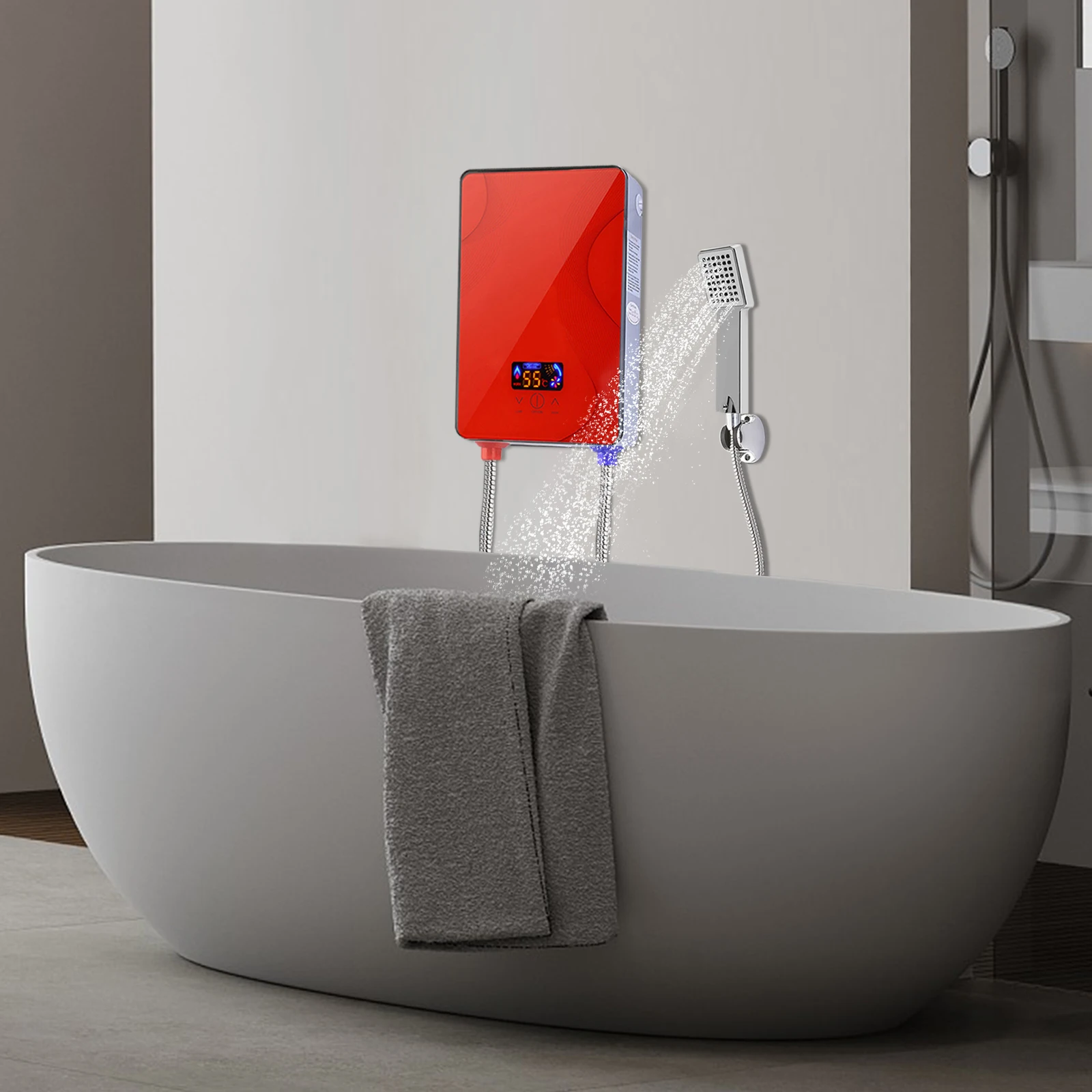 Electric Water Heater, Adjustable Temperature Range 86-131°F – Durable ABS Body, Red, 6500W, 220V, Water Heater