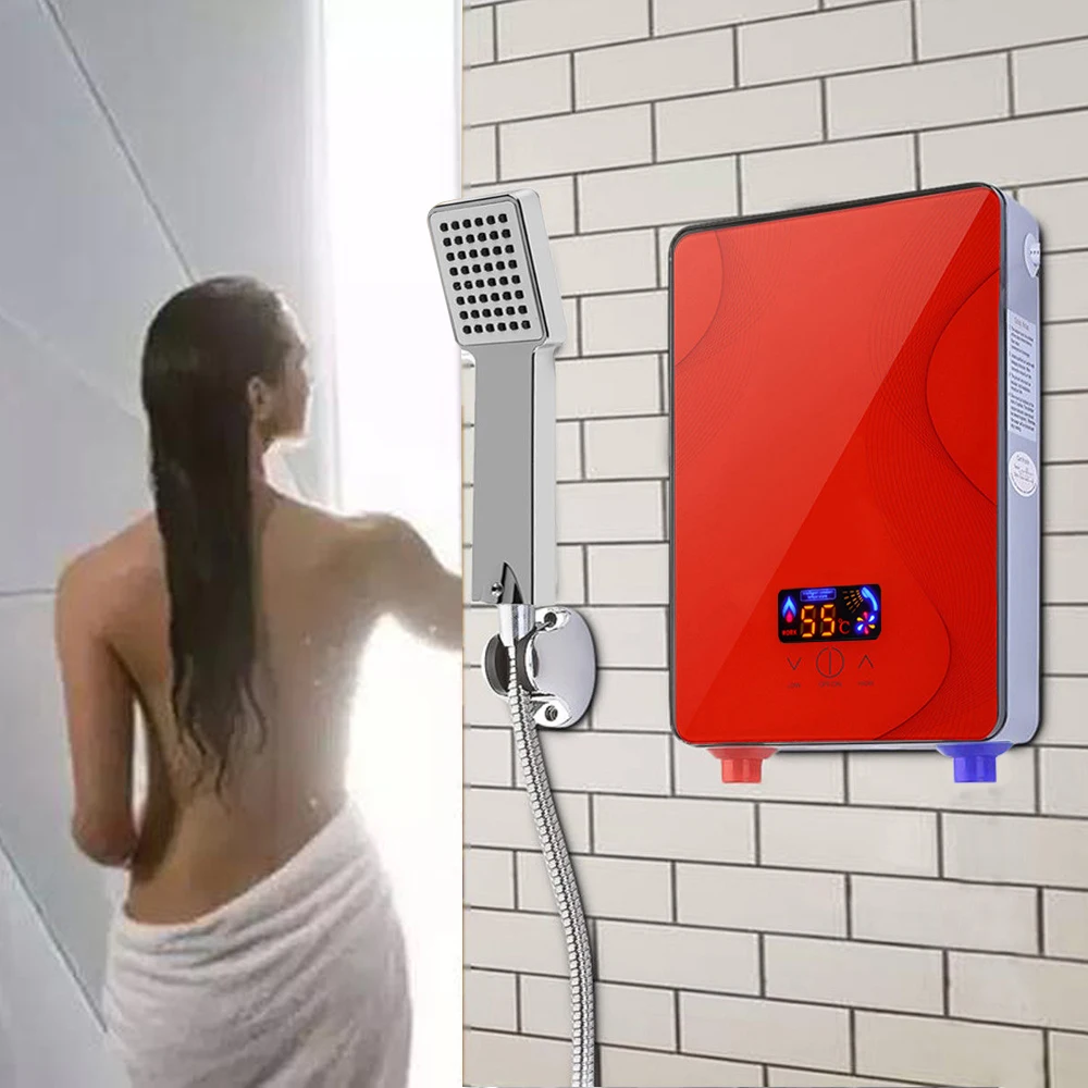Electric Water Heater, Adjustable Temperature Range 86-131°F – Durable ABS Body, Red, 6500W, 220V, Water Heater